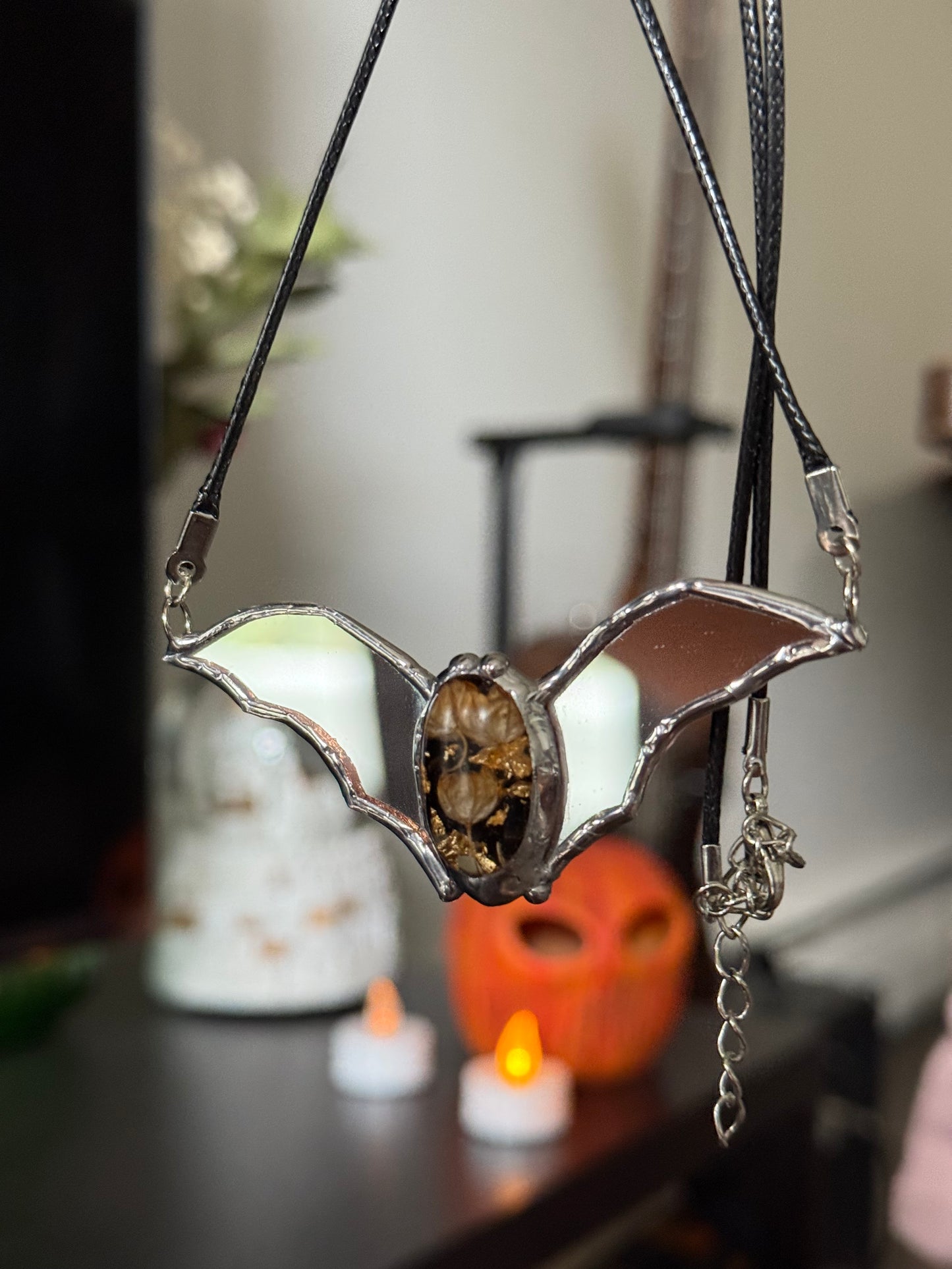 Stained mirror Bat necklace, Halloween jewelry, Flying fox, Gothic necklace, Witcy pendant, Bat pendant
