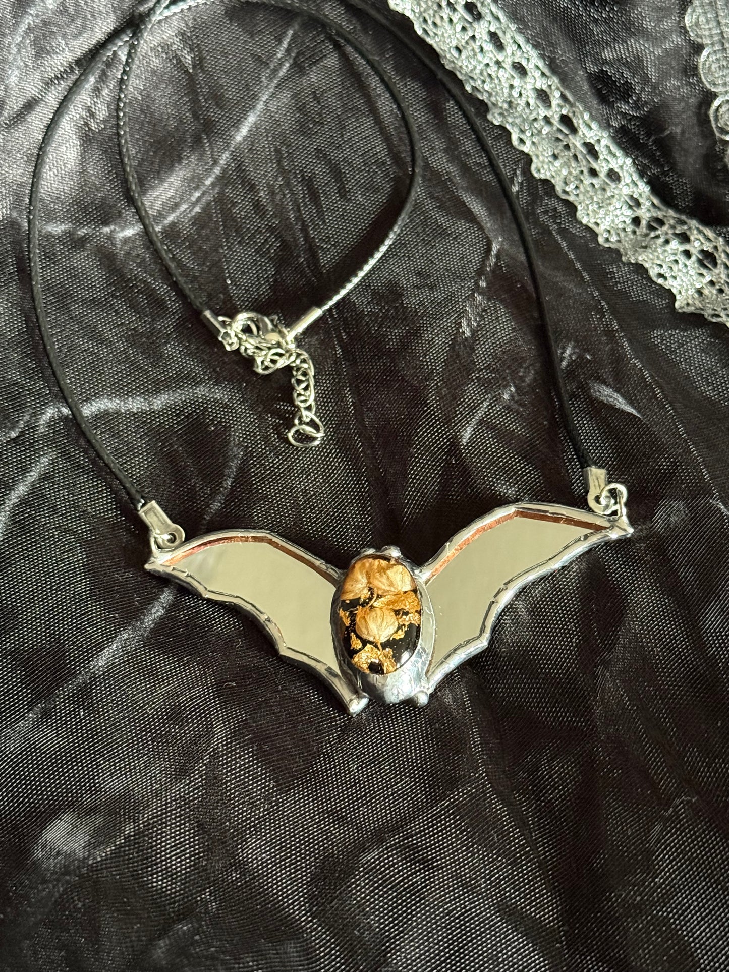 Stained mirror Bat necklace, Halloween jewelry, Flying fox, Gothic necklace, Witcy pendant, Bat pendant