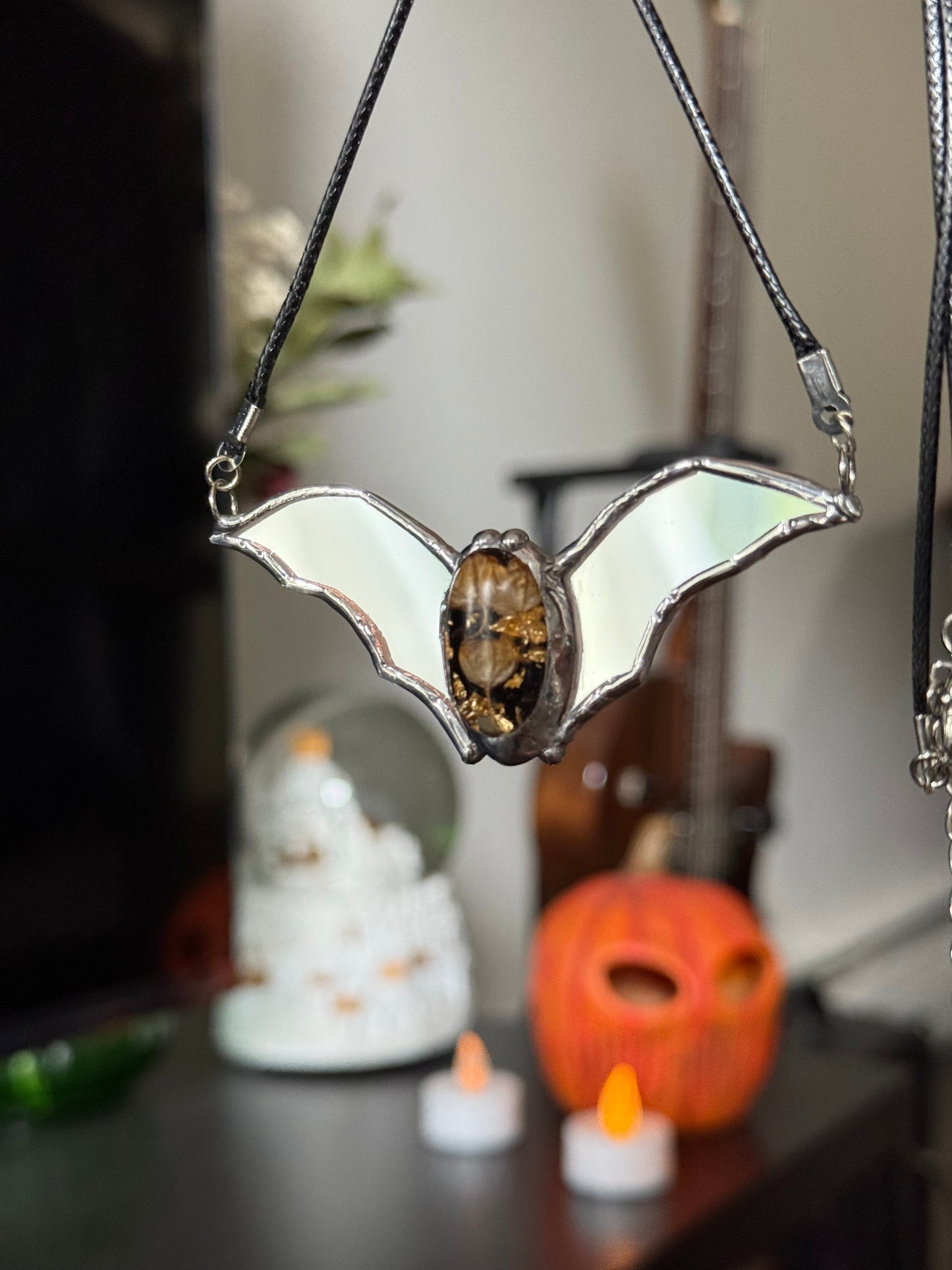 Stained mirror Bat necklace, Halloween jewelry, Flying fox, Gothic necklace, Witcy pendant, Bat pendant