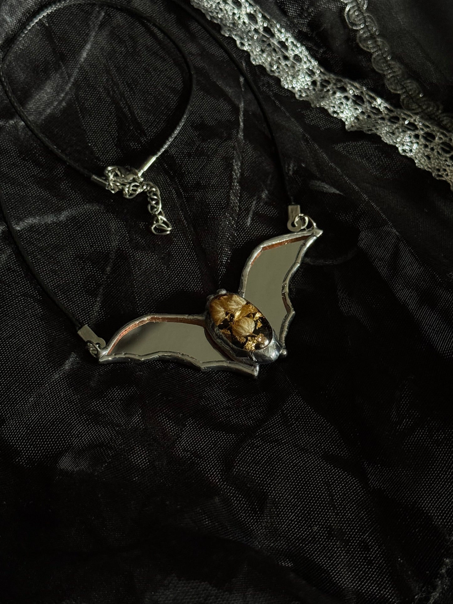 Stained mirror Bat necklace, Halloween jewelry, Flying fox, Gothic necklace, Witcy pendant, Bat pendant