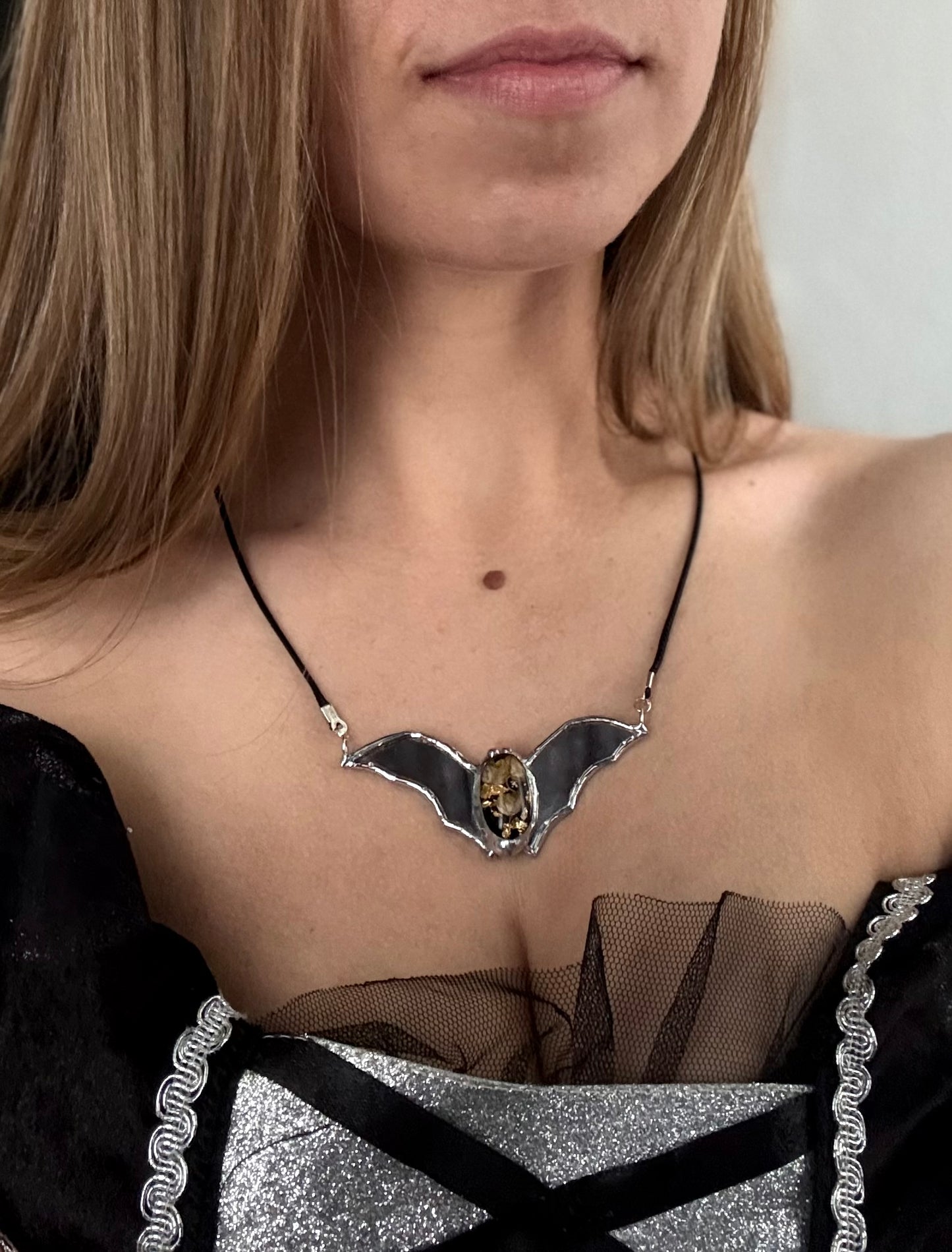 Stained mirror Bat necklace, Halloween jewelry, Flying fox, Gothic necklace, Witcy pendant, Bat pendant