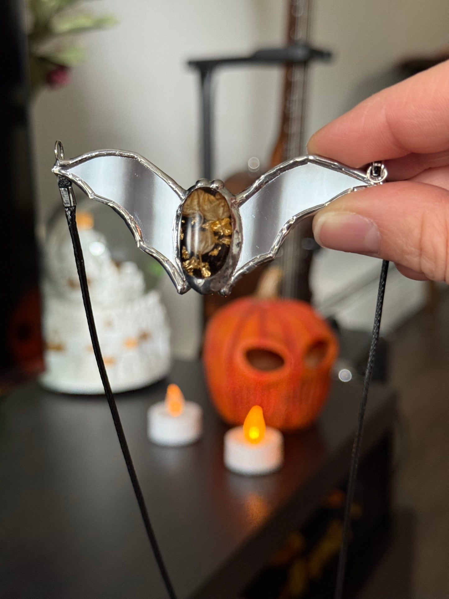 Stained mirror Bat necklace, Halloween jewelry, Flying fox, Gothic necklace, Witcy pendant, Bat pendant