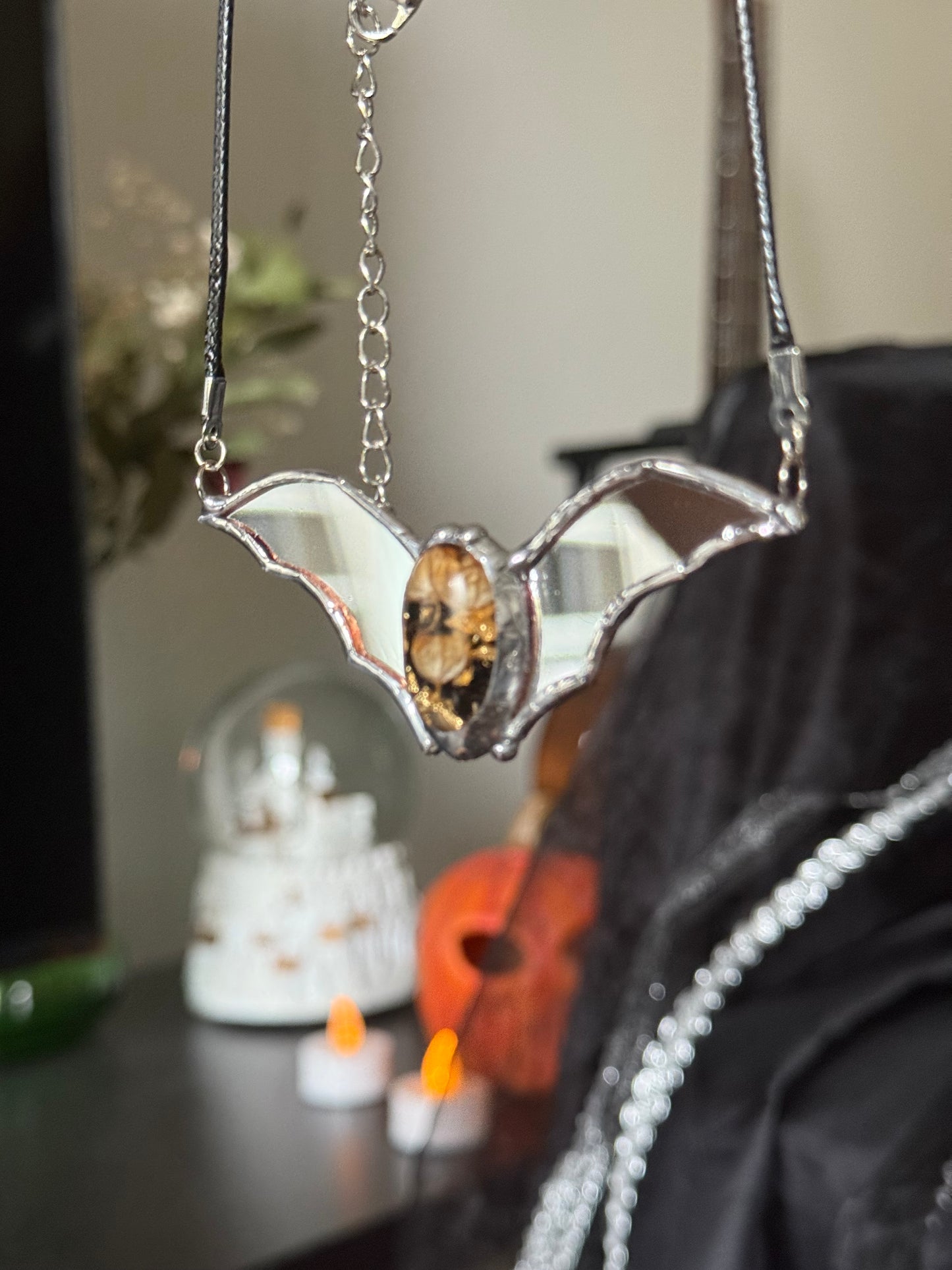 Stained mirror Bat necklace, Halloween jewelry, Flying fox, Gothic necklace, Witcy pendant, Bat pendant