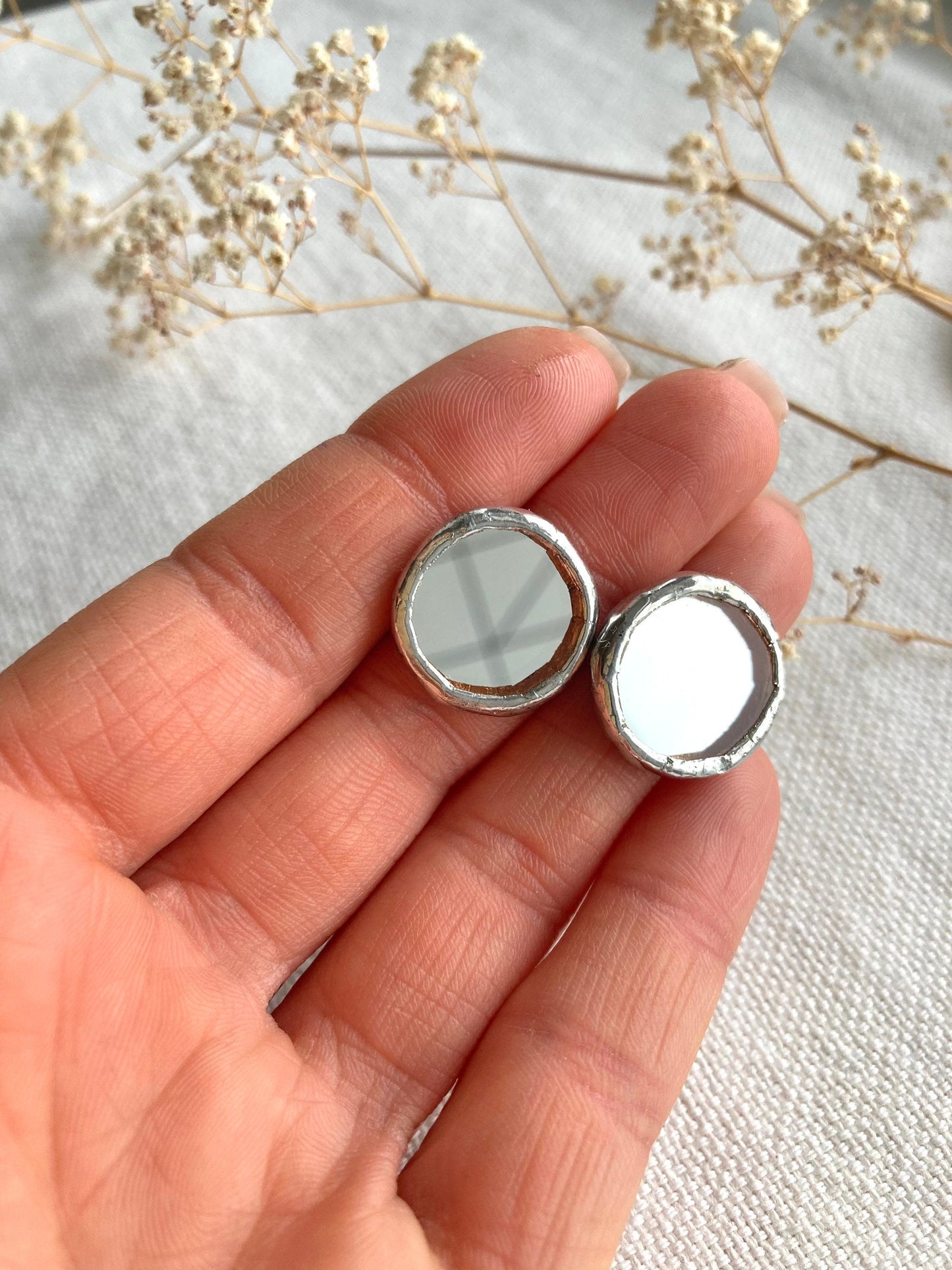 Stained Glass Mirror Stud Earrings: Stainless Steel, Minimalist Jewelry, 10 mm, 20 mm