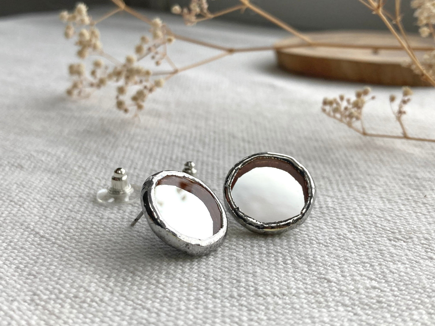 Stained Glass Mirror Stud Earrings: Stainless Steel, Minimalist Jewelry, 10 mm, 20 mm
