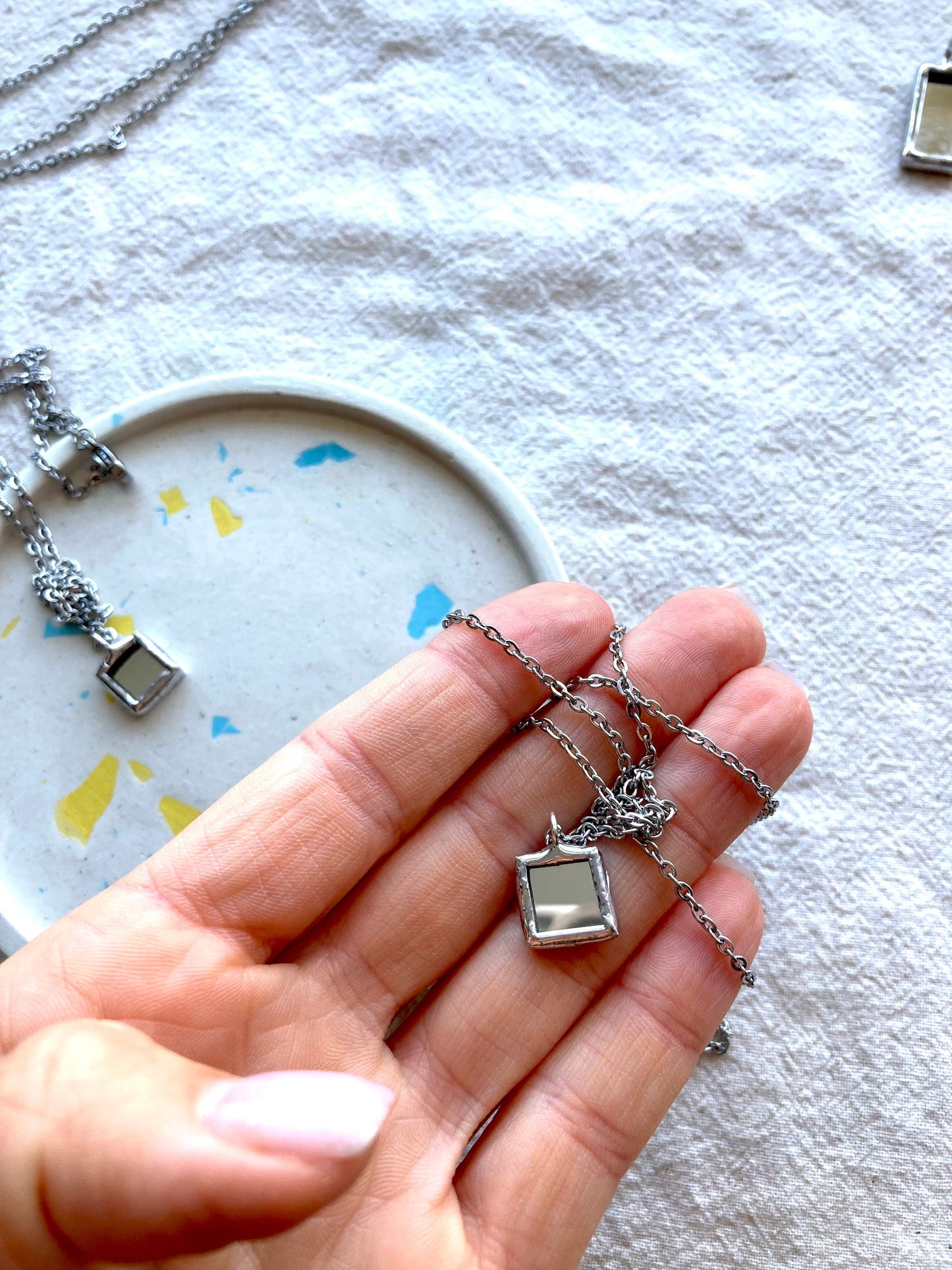 Stained Glass Mirror Necklace: Geometric Square Pendant (10mm)