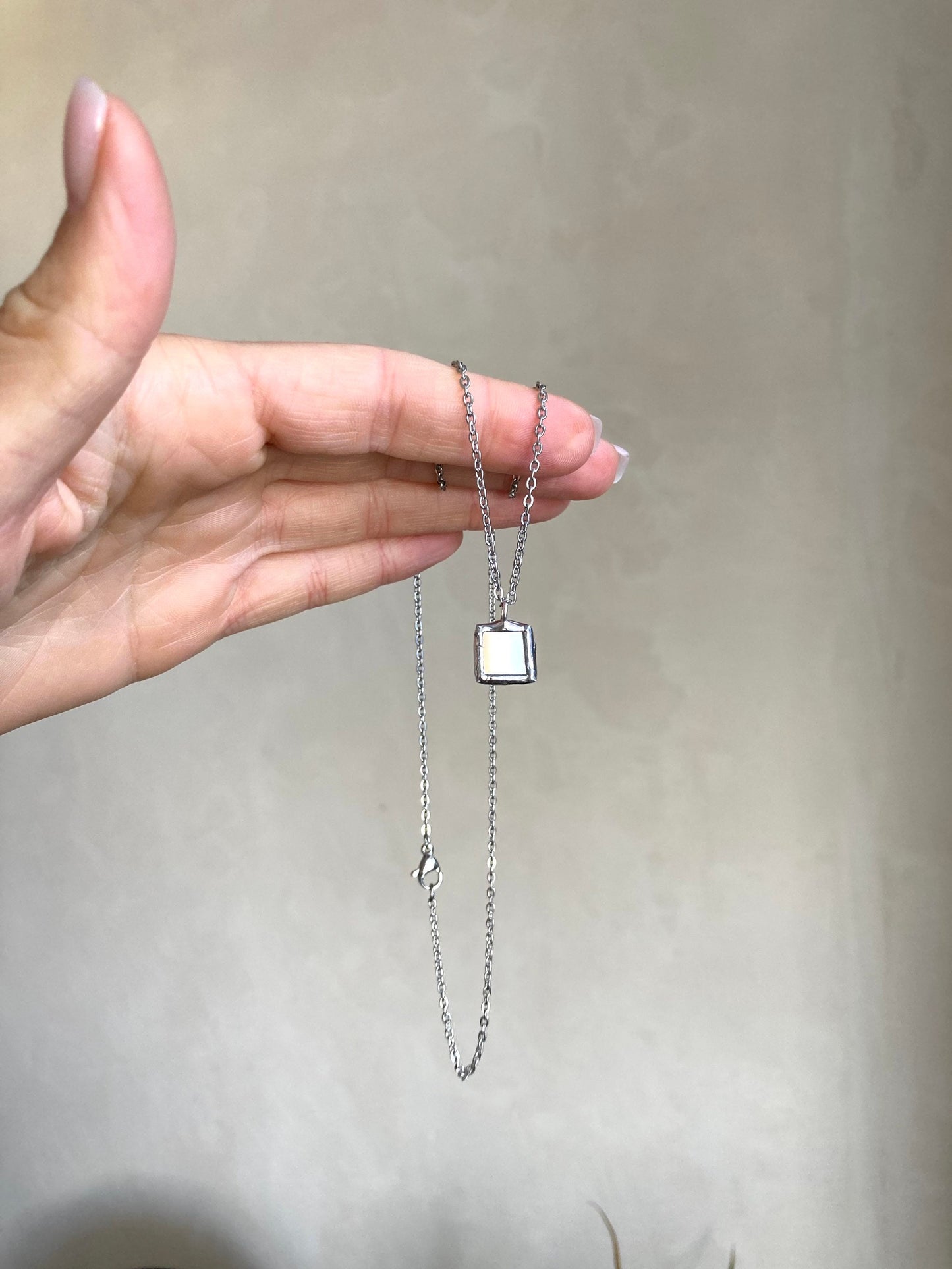 Stained Glass Mirror Necklace: Geometric Square Pendant (10mm)