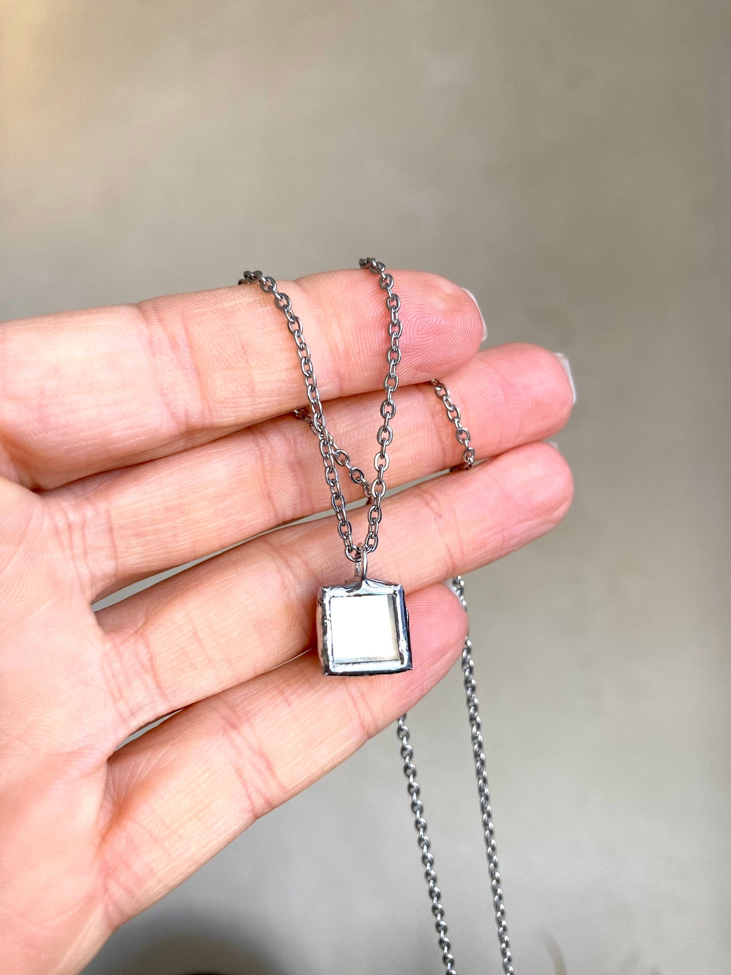 Stained Glass Mirror Necklace: Geometric Square Pendant (10mm)