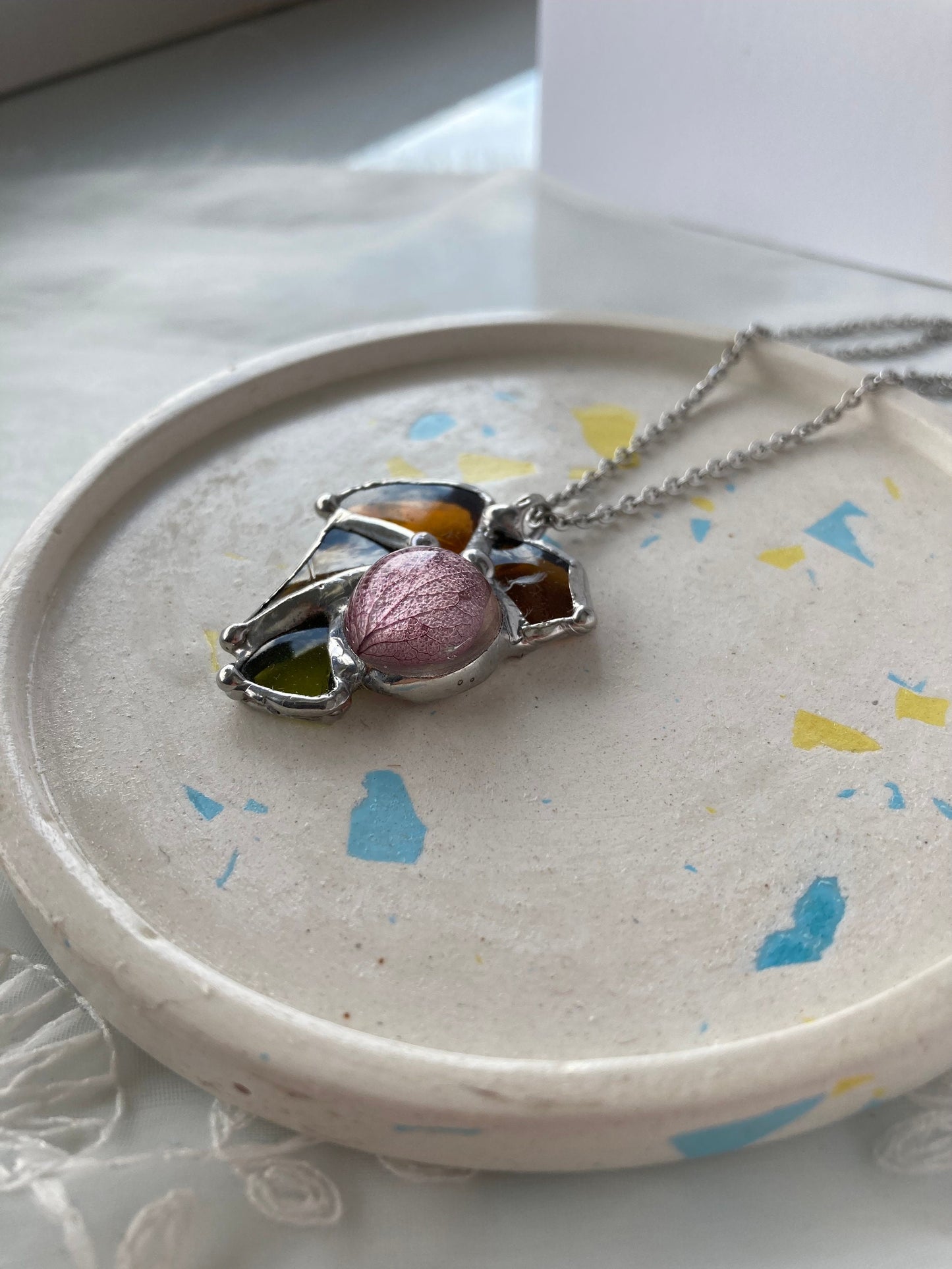 Stained Glass Heart Necklace: Dried Hydrangea Petal Pendant