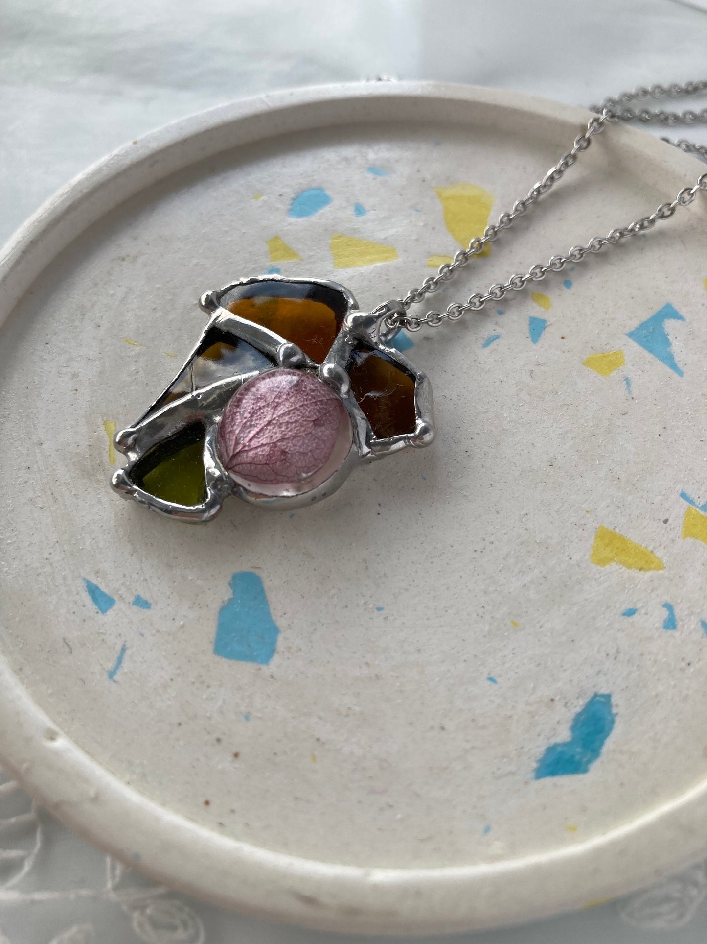 Stained Glass Heart Necklace: Dried Hydrangea Petal Pendant