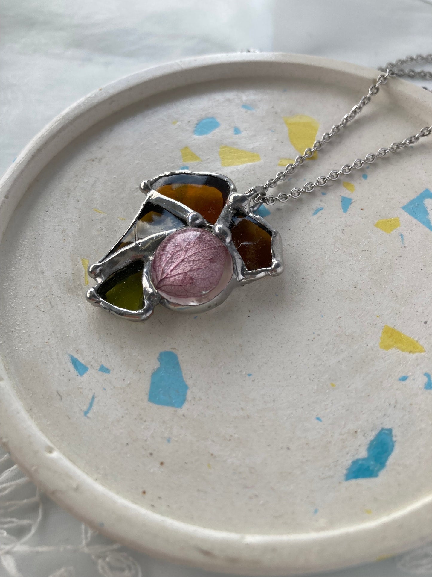 Stained Glass Heart Necklace: Dried Hydrangea Petal Pendant
