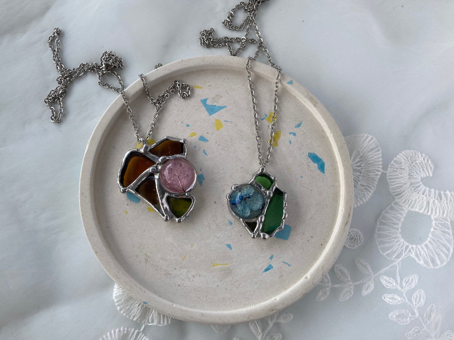 Stained Glass Heart Necklace: Dried Hydrangea Petal Pendant