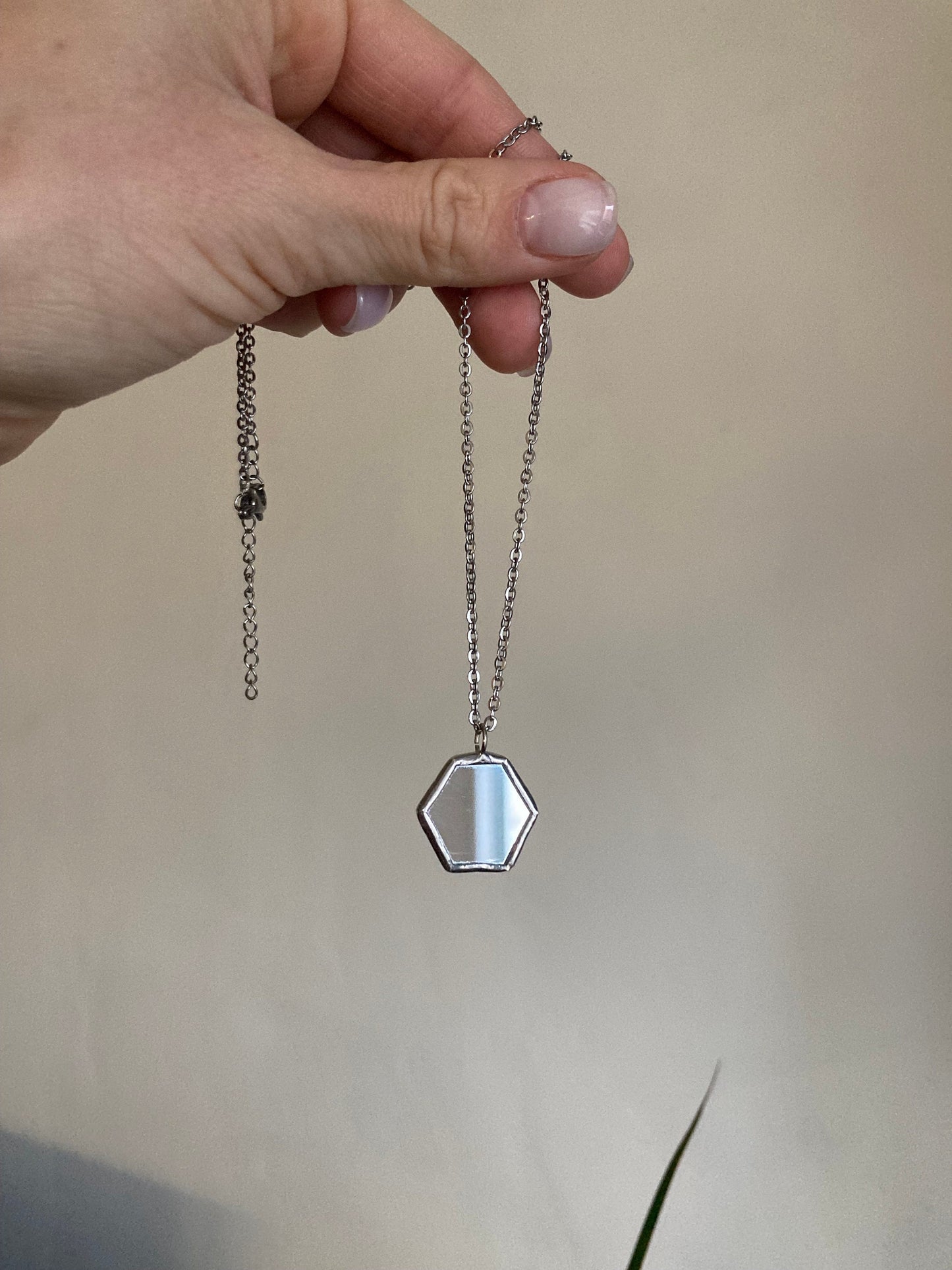 Hexagonal Mirror Pendant: Stained Glass Necklace, Looking Glass Jewelry
