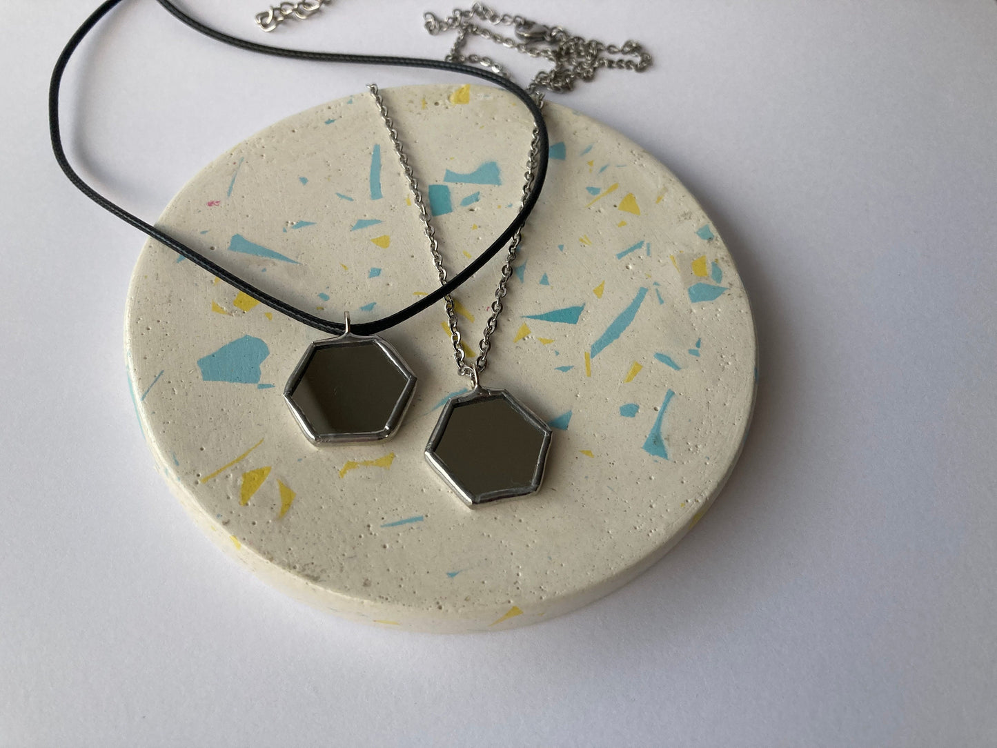 Hexagonal Mirror Pendant: Stained Glass Necklace, Looking Glass Jewelry