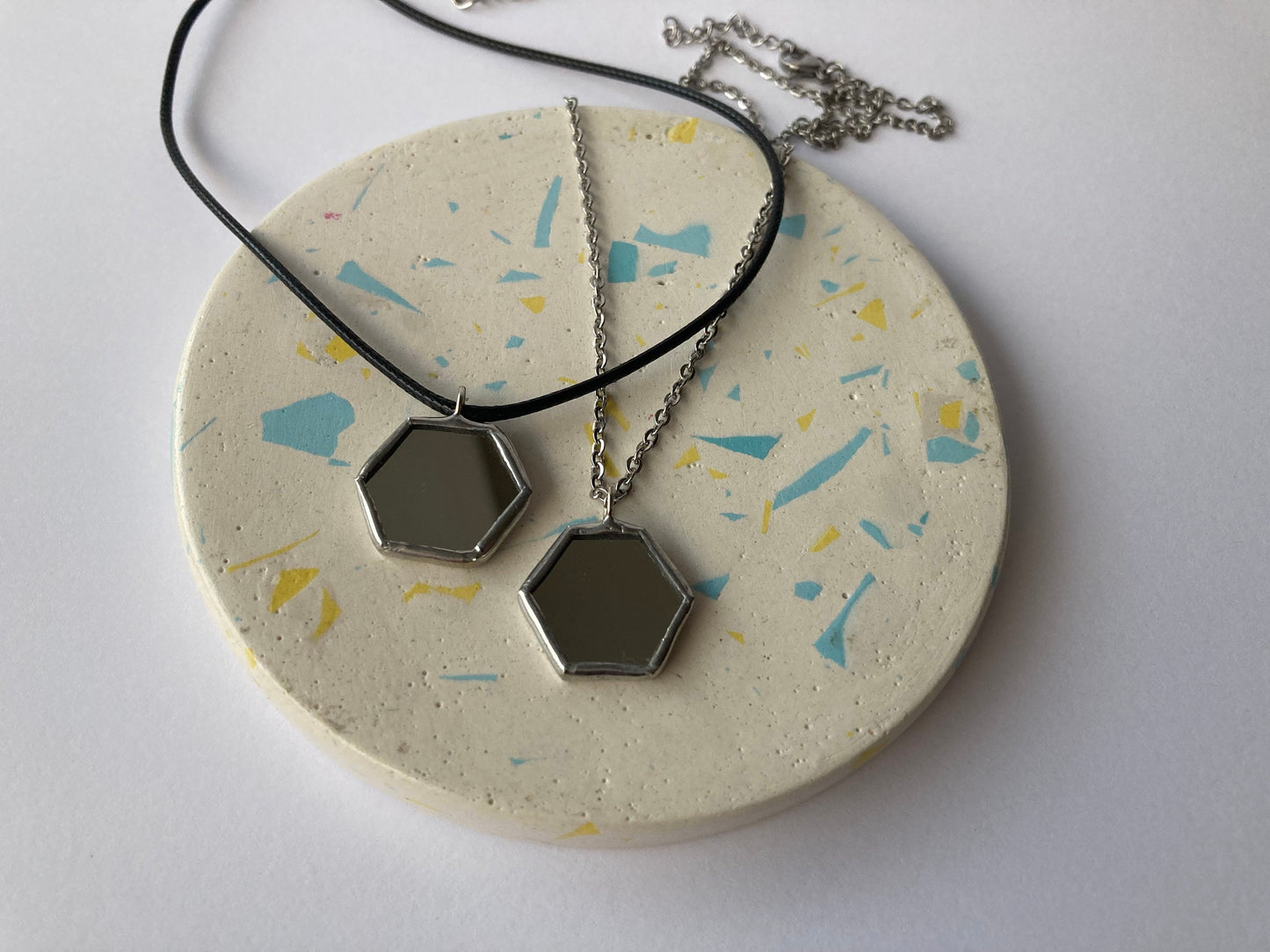 Hexagonal Mirror Pendant: Stained Glass Necklace, Looking Glass Jewelry