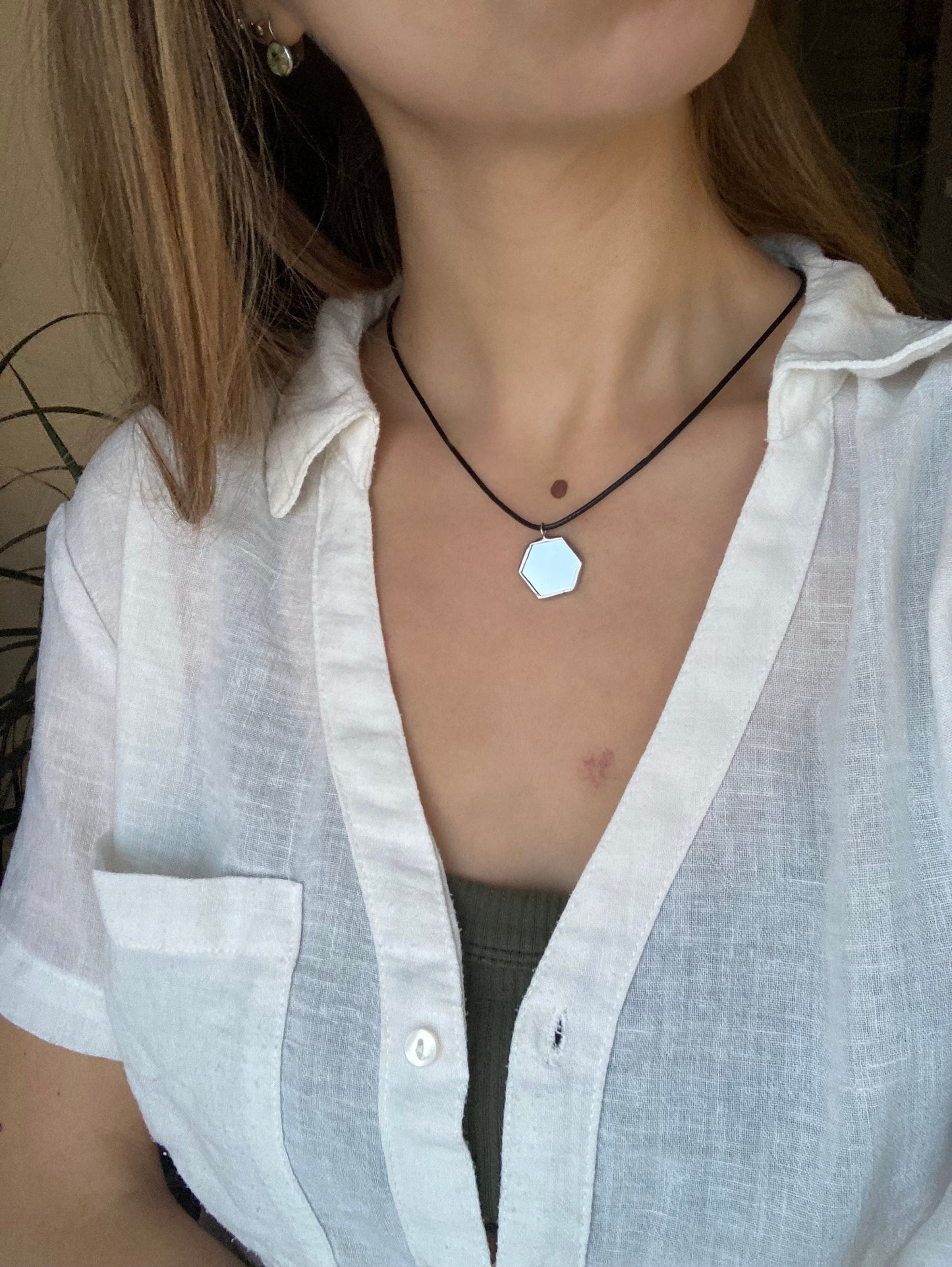 Hexagonal Mirror Pendant: Stained Glass Necklace, Looking Glass Jewelry
