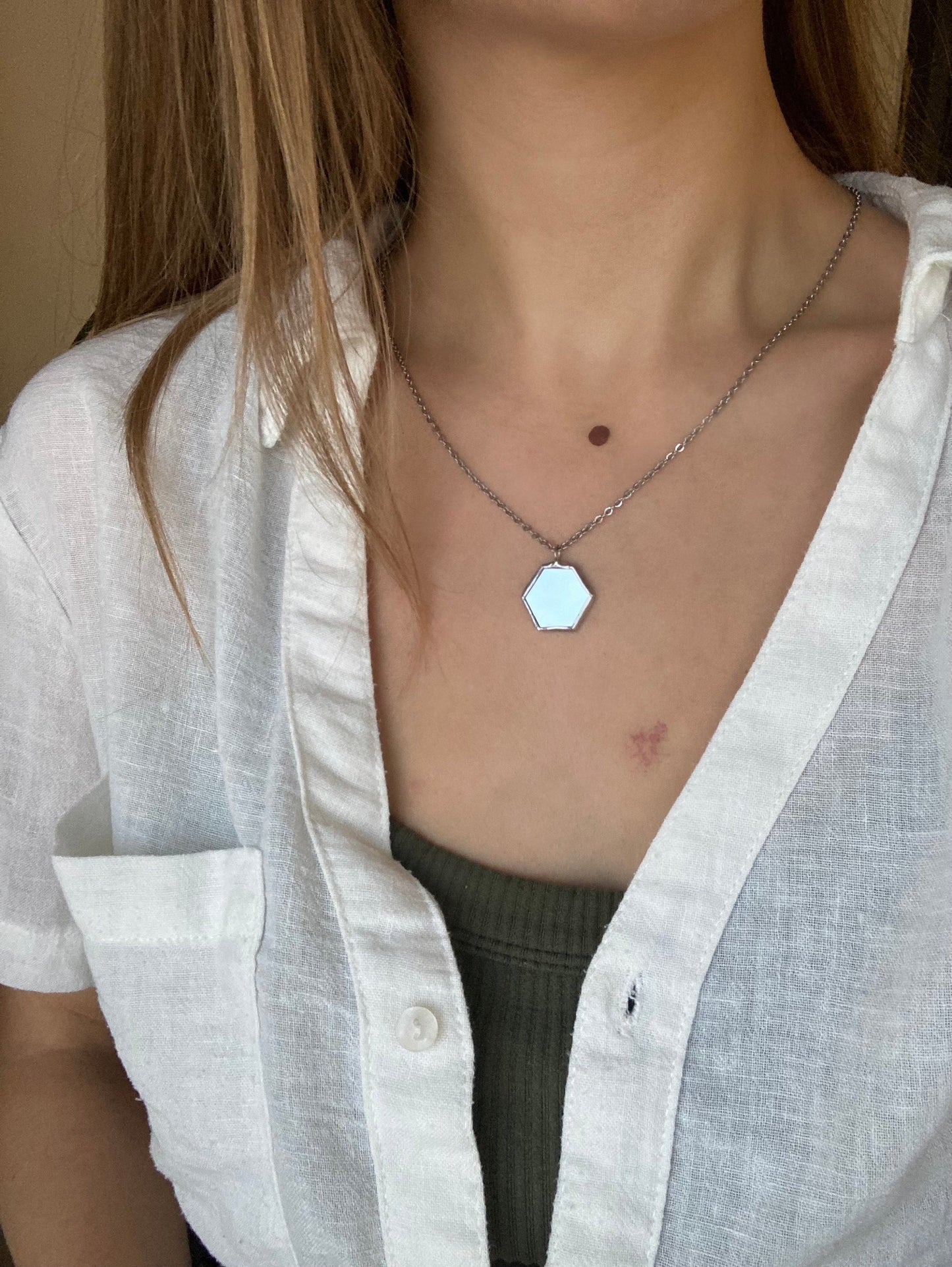 Hexagonal Mirror Pendant: Stained Glass Necklace, Looking Glass Jewelry