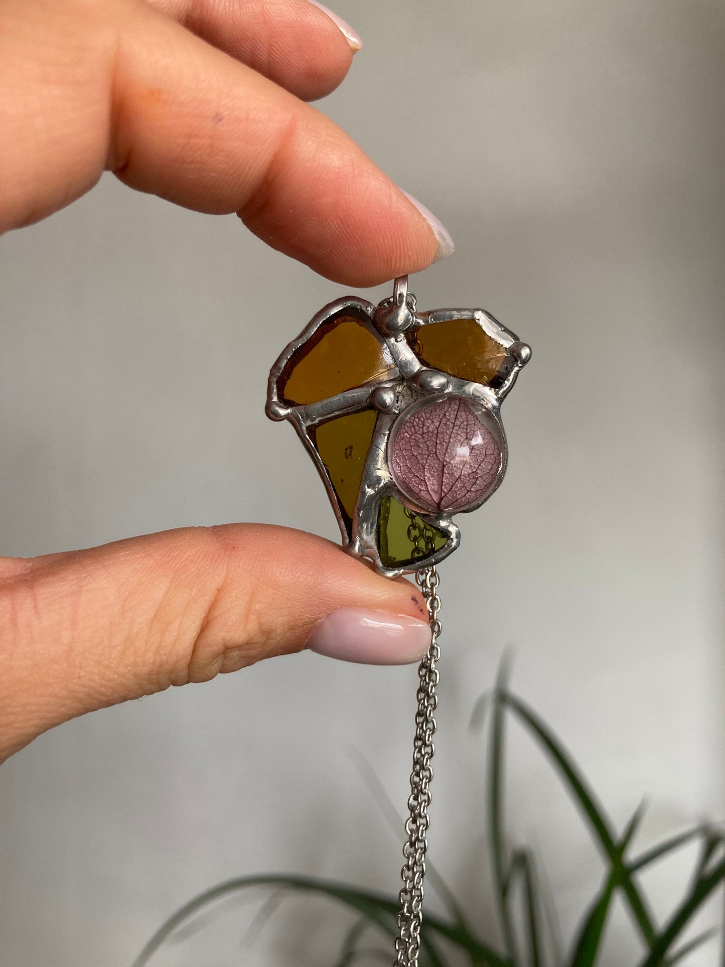 Stained Glass Heart Necklace: Dried Hydrangea Petal Pendant
