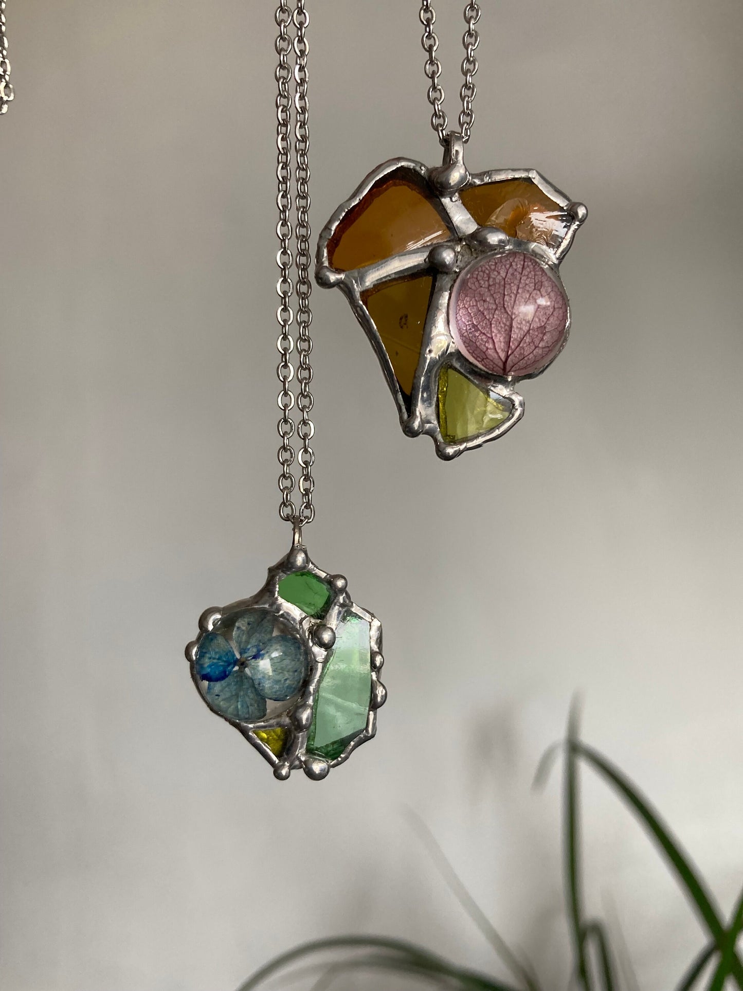 Stained Glass Heart Necklace: Dried Hydrangea Petal Pendant
