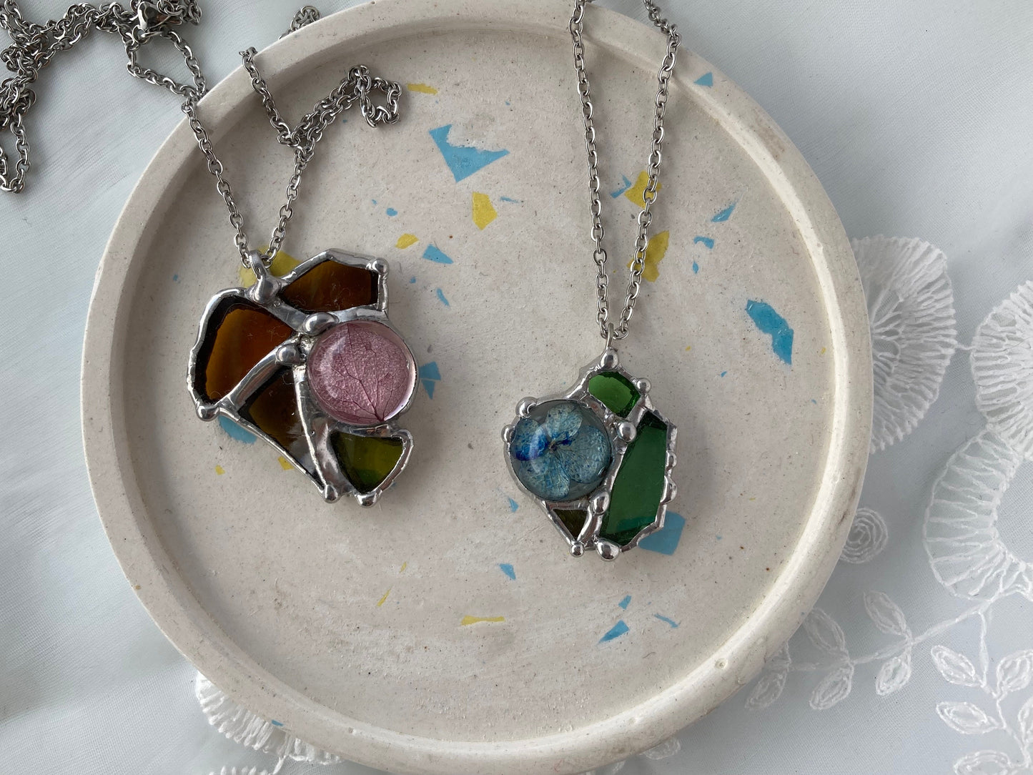 Stained Glass Heart Necklace: Dried Hydrangea Petal Pendant