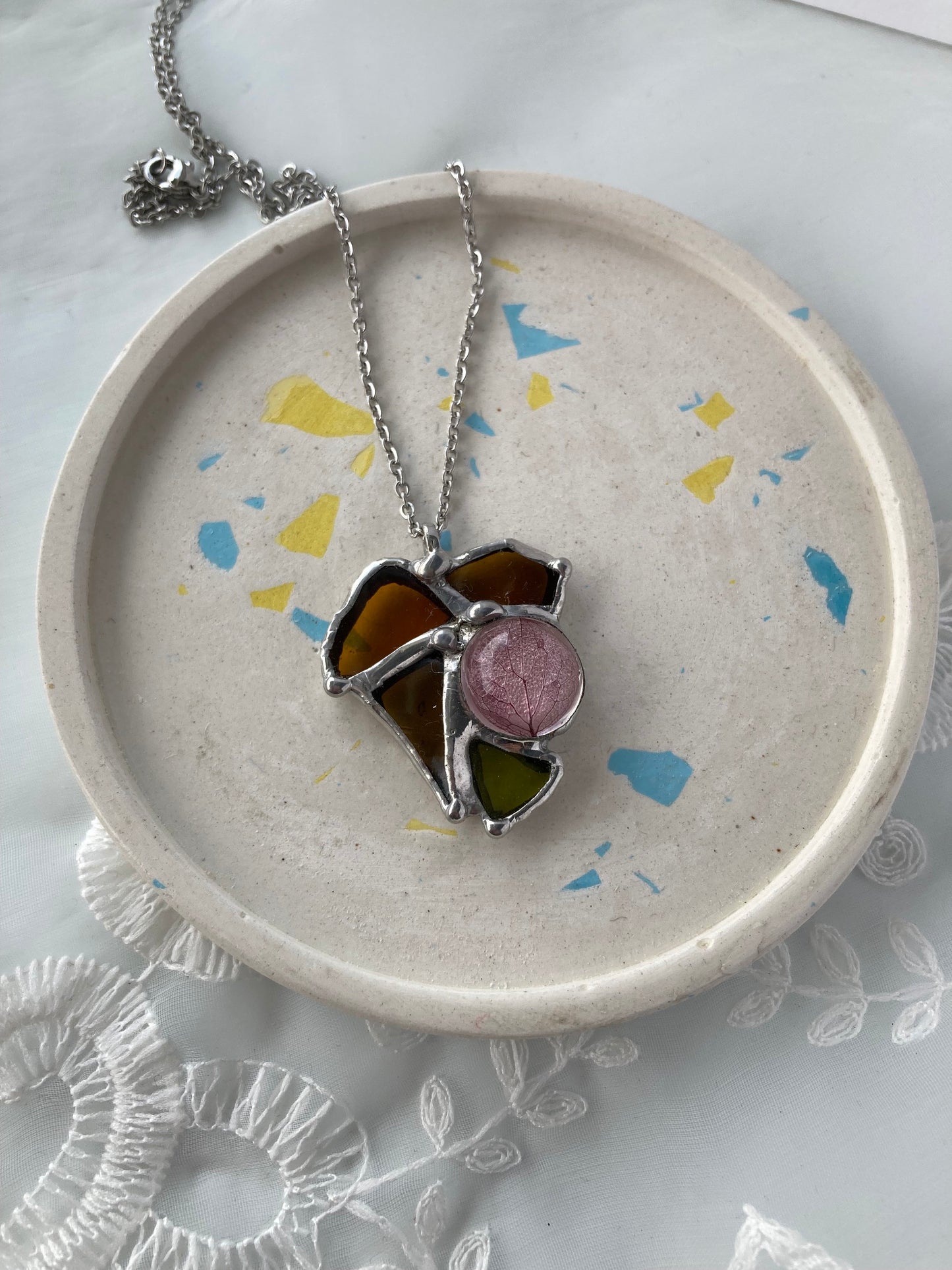 Stained Glass Heart Necklace: Dried Hydrangea Petal Pendant