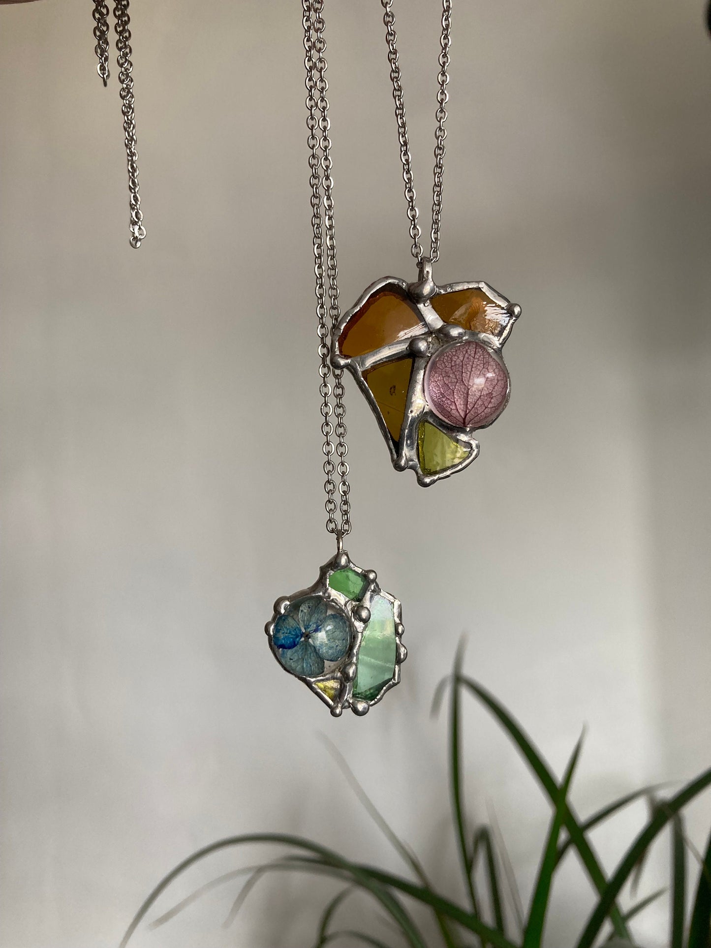 Stained Glass Heart Necklace: Dried Hydrangea Petal Pendant