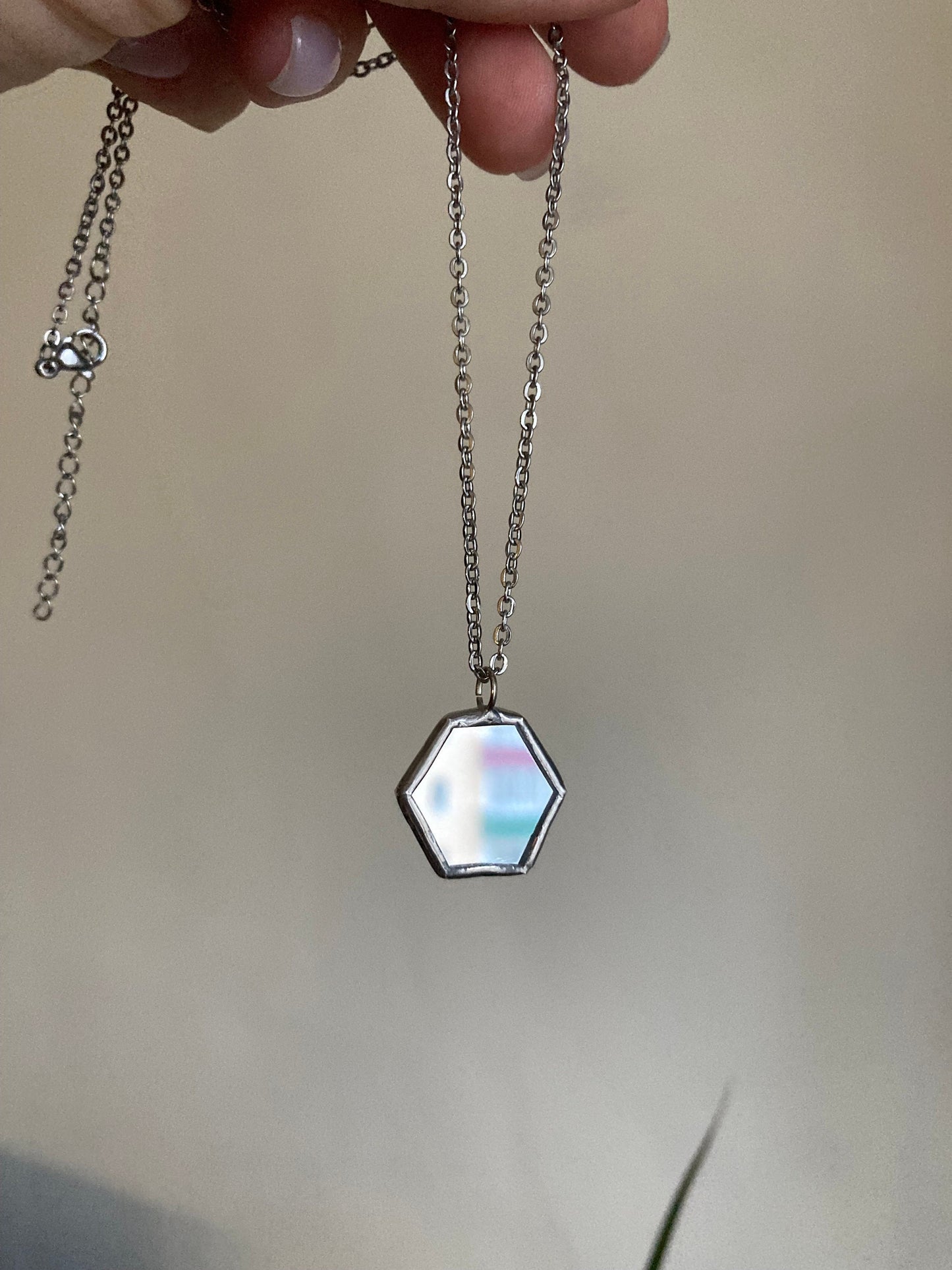 Hexagonal Mirror Pendant: Stained Glass Necklace, Looking Glass Jewelry