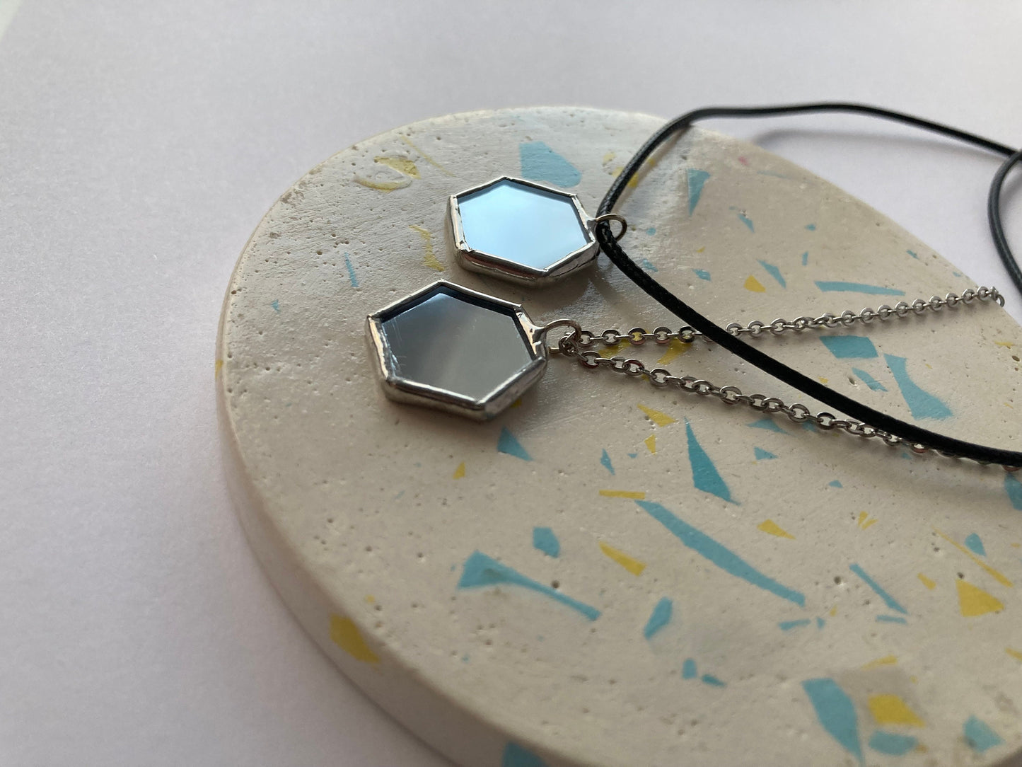Hexagonal Mirror Pendant: Stained Glass Necklace, Looking Glass Jewelry
