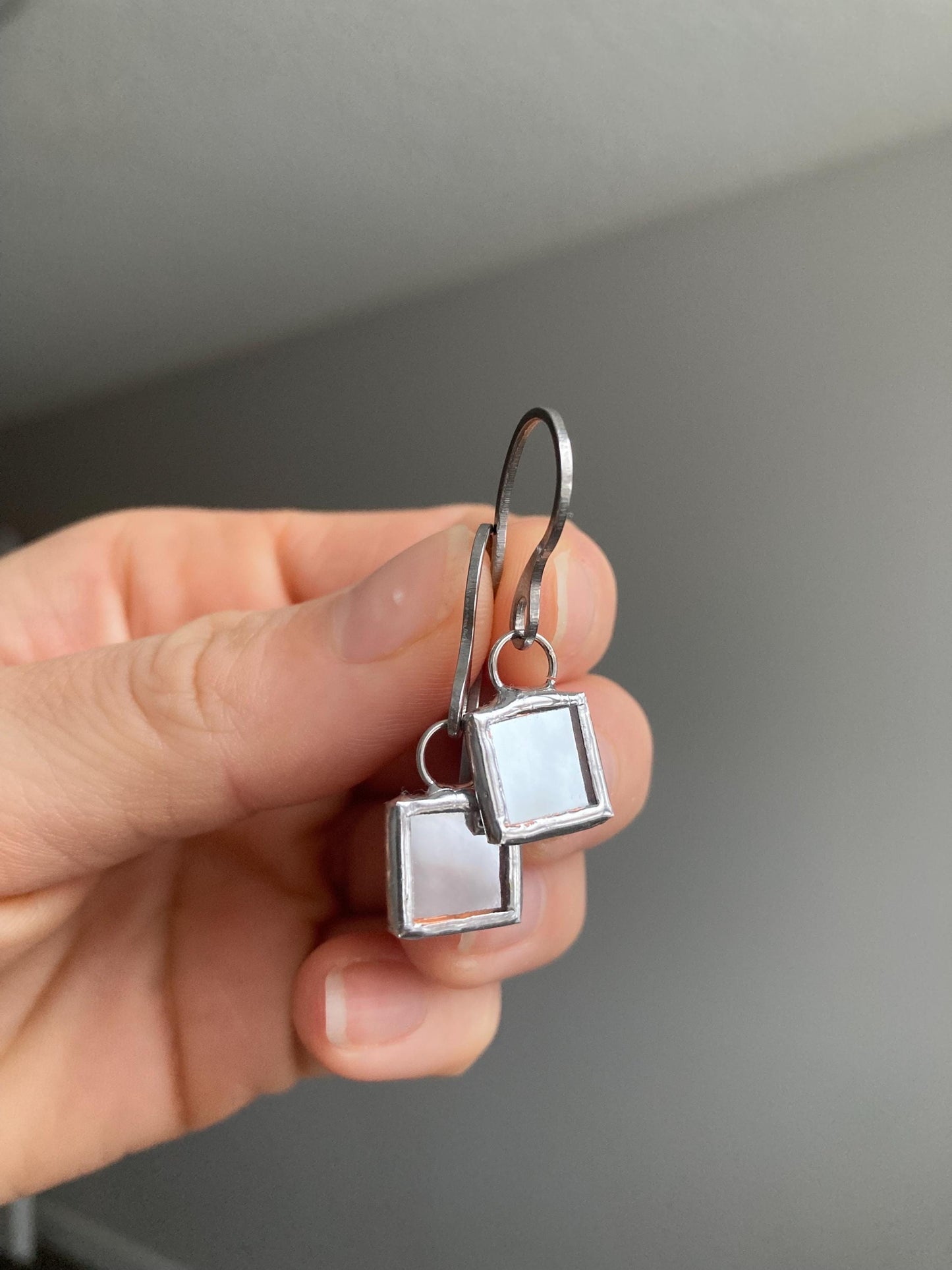 Stained Glass Earrings: Minimalist Square Mirror, Stainless Steel