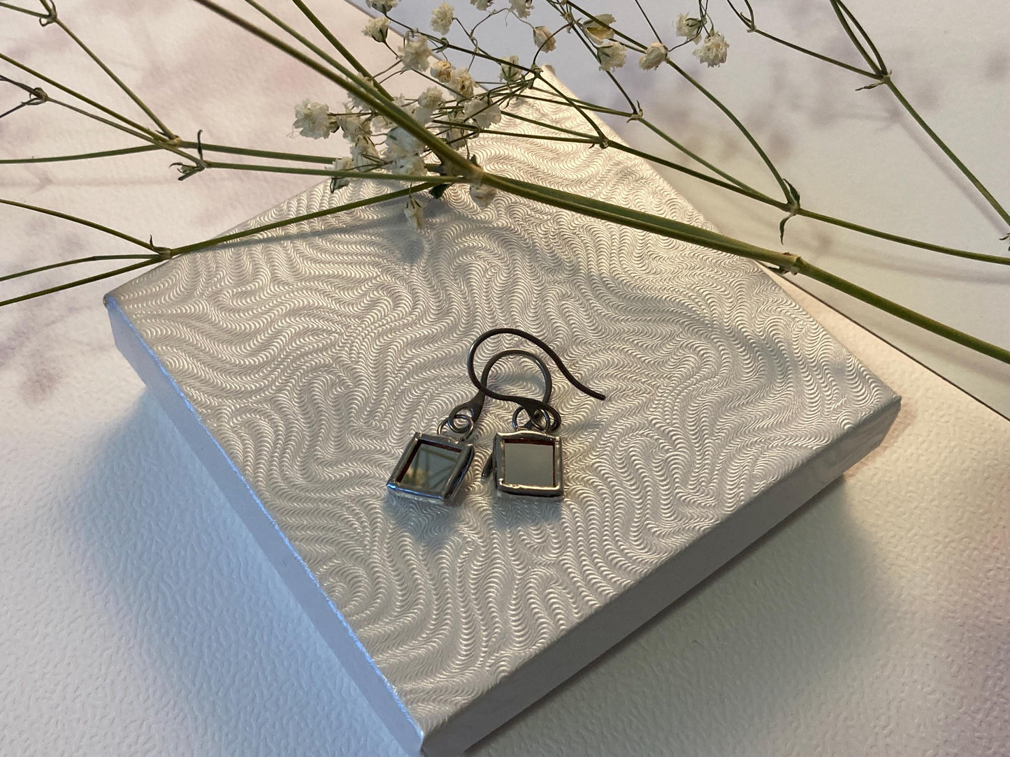 Stained Glass Earrings: Minimalist Square Mirror, Stainless Steel