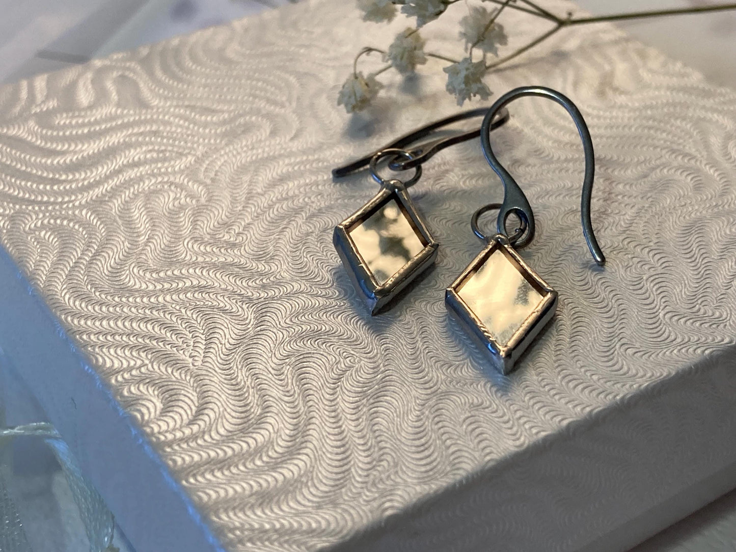 Stained glass earrings, Minimalist earrings, Tiny Rhombus gothic earrings, Mirror statement geometric stained glass design