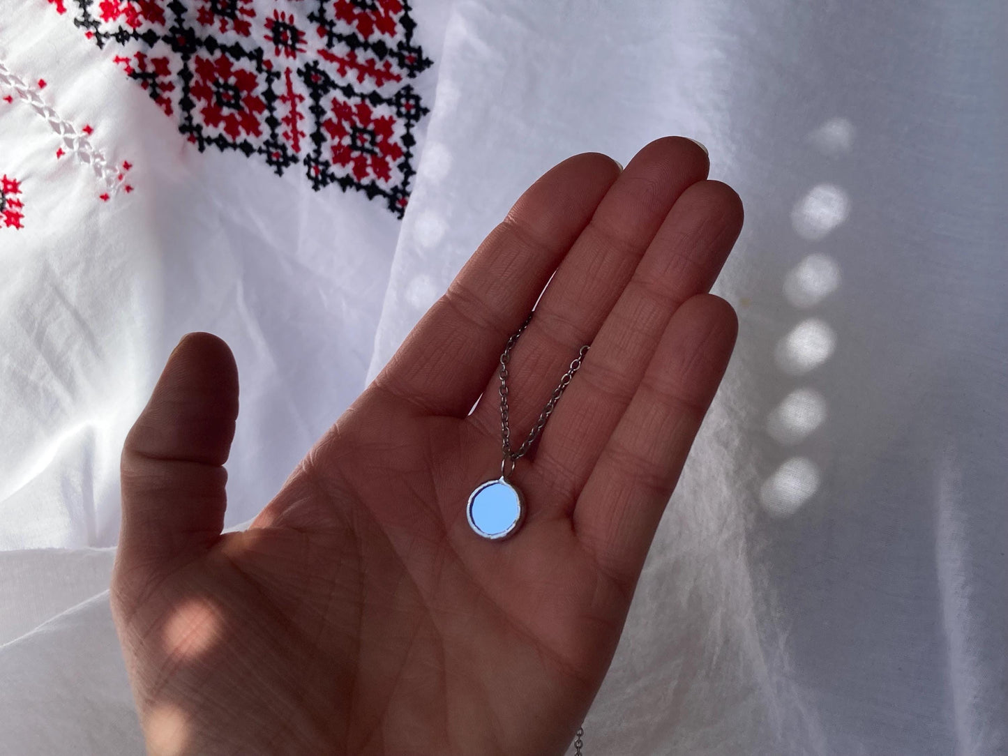 Stained Glass Mirror Necklace: Handmade Double-Sided Pendant