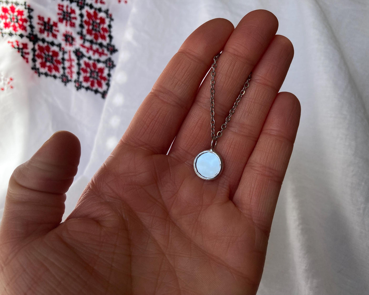 Stained Glass Mirror Necklace: Handmade Double-Sided Pendant