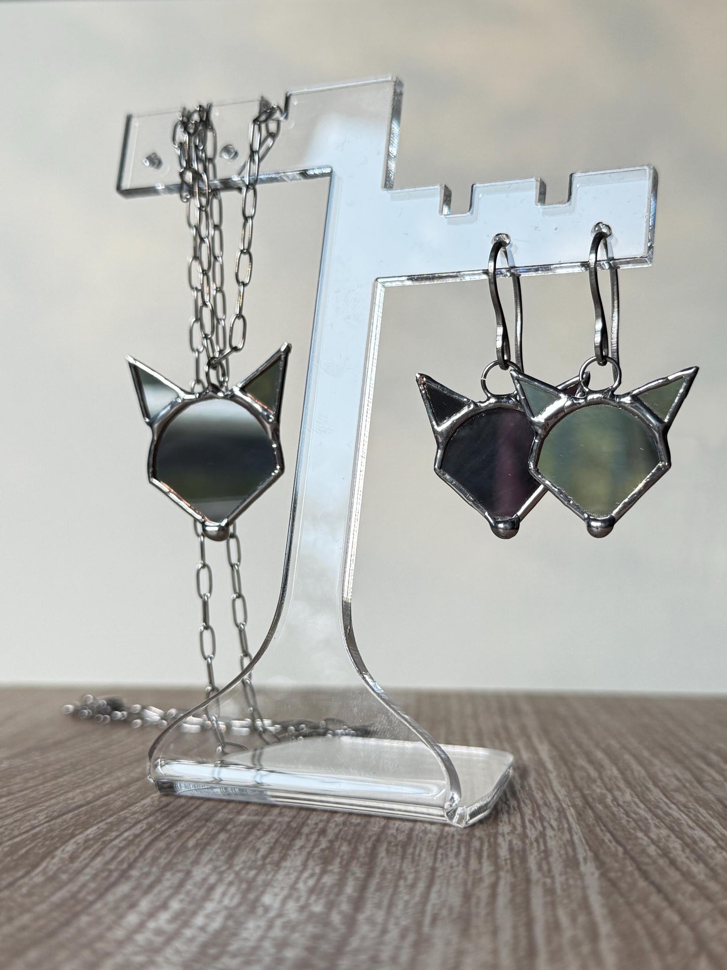 Stained Mirror Fox Earrings, Glass Jewelry, Animal jewelry style β Handmade Fox Head, Cute Animal Earrings