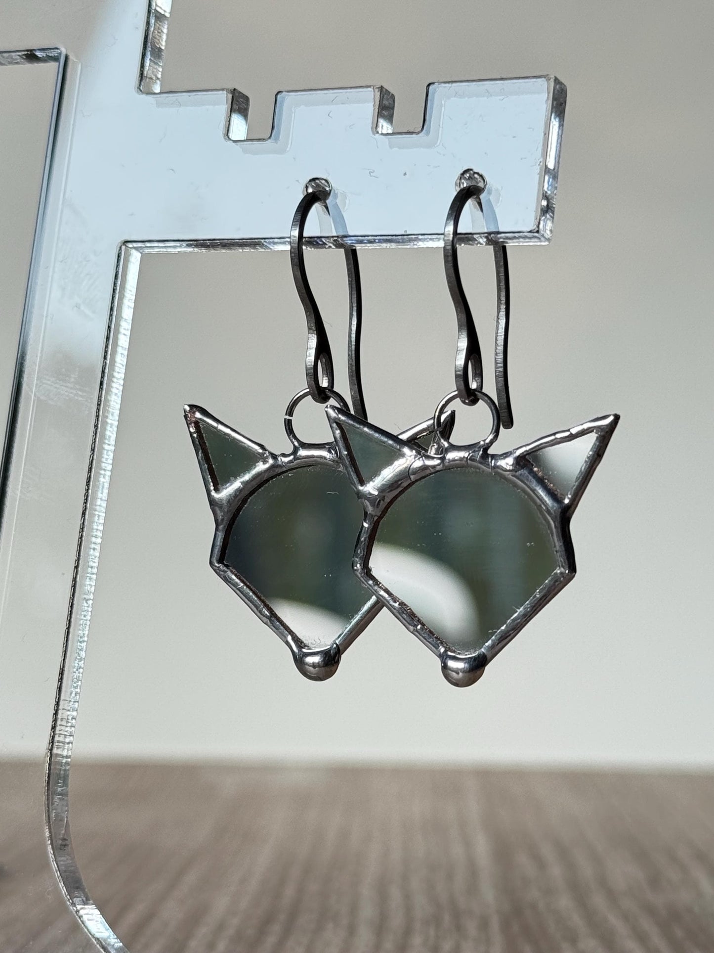 Stained Mirror Fox Earrings, Glass Jewelry, Animal jewelry style β Handmade Fox Head, Cute Animal Earrings