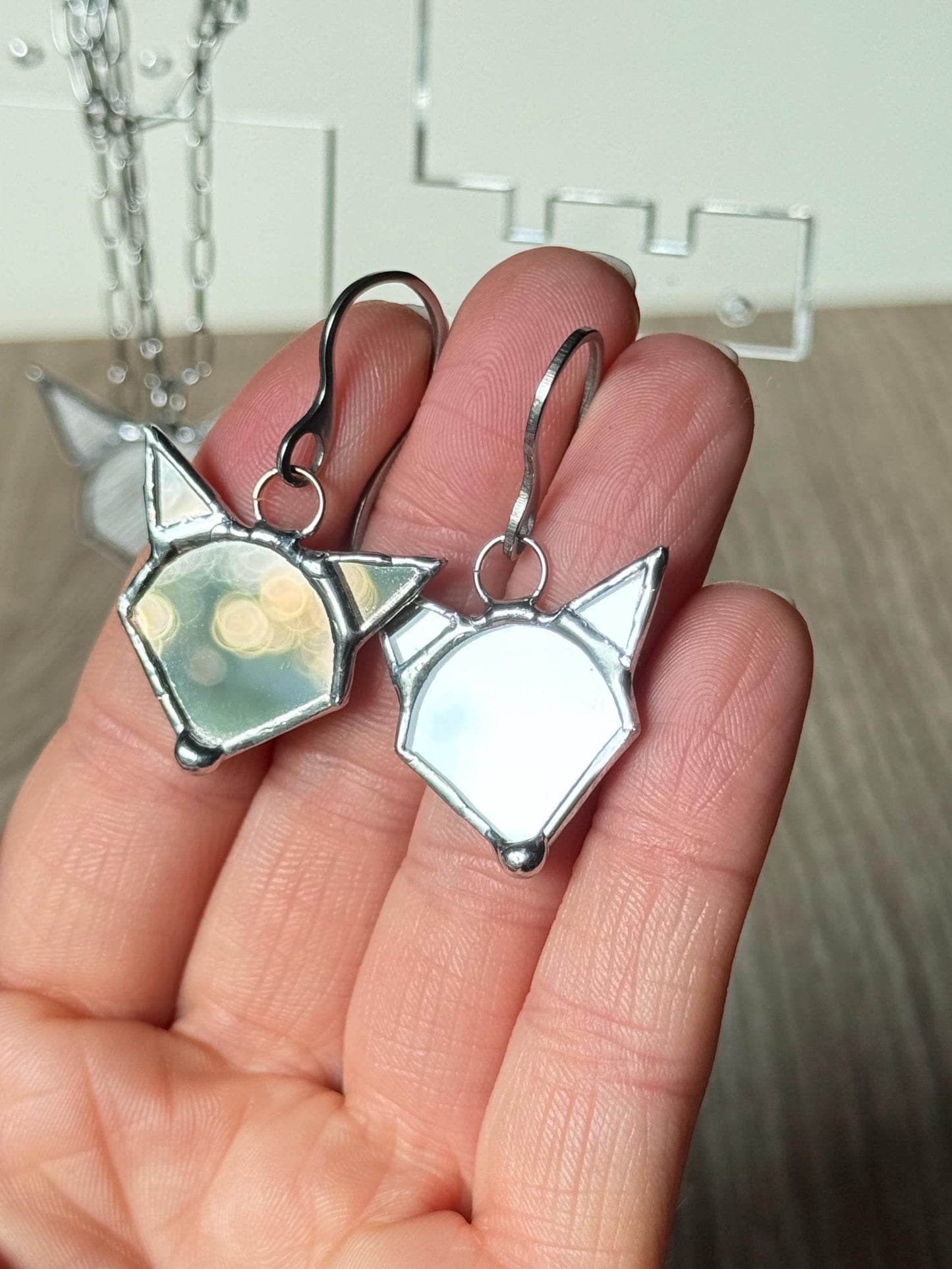 Stained Mirror Fox Earrings, Glass Jewelry, Animal jewelry style β Handmade Fox Head, Cute Animal Earrings