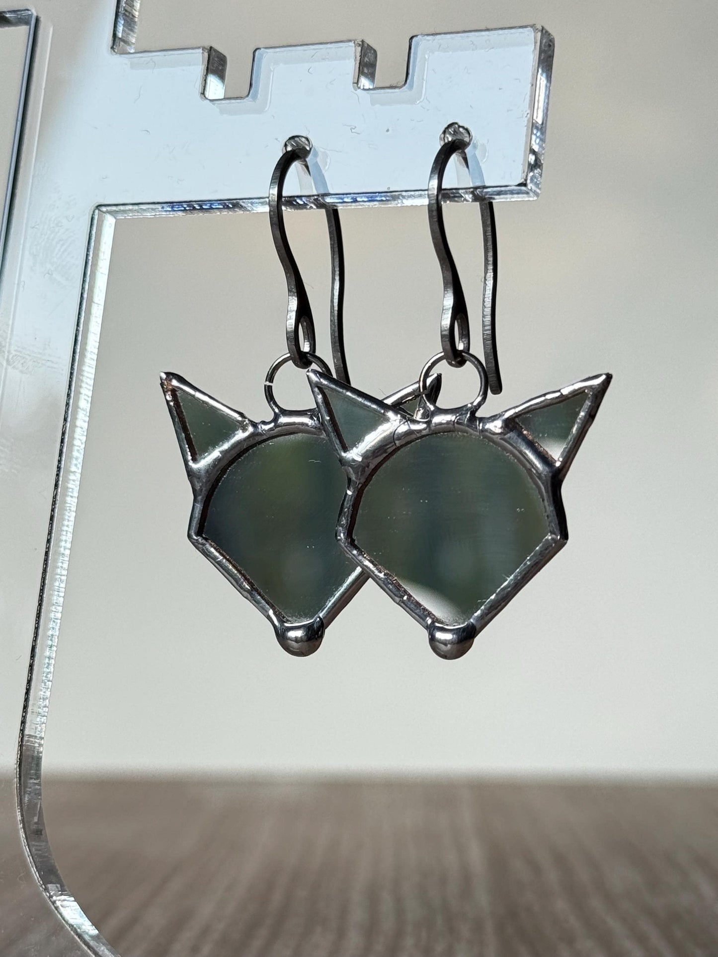 Stained Mirror Fox Earrings, Glass Jewelry, Animal jewelry style β Handmade Fox Head, Cute Animal Earrings