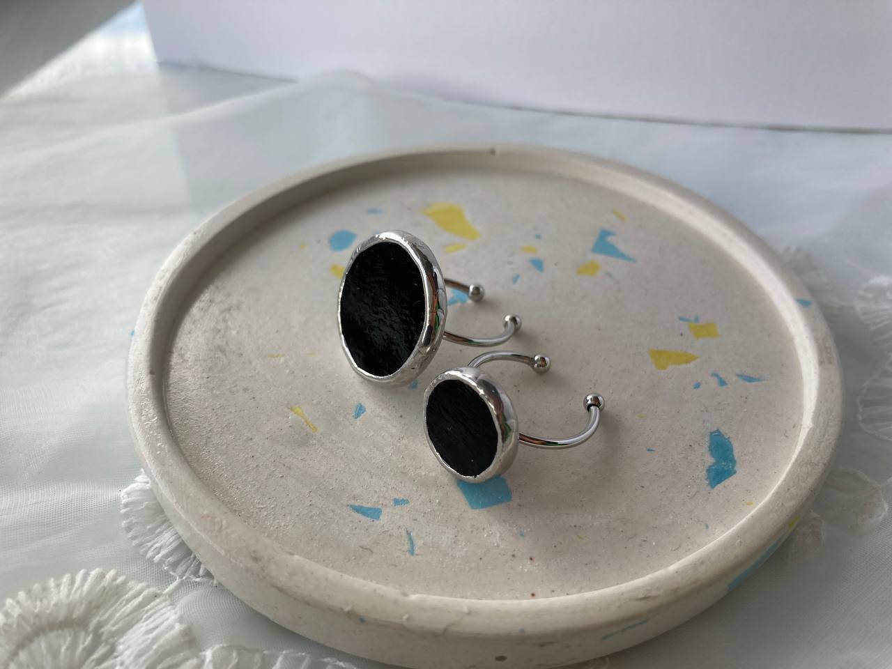 Black Stained Glass Ring, 18 mm, Statement ring for women, Minimalist jewelry, Stained glass Round Circle Disc ring, Black ring with glass