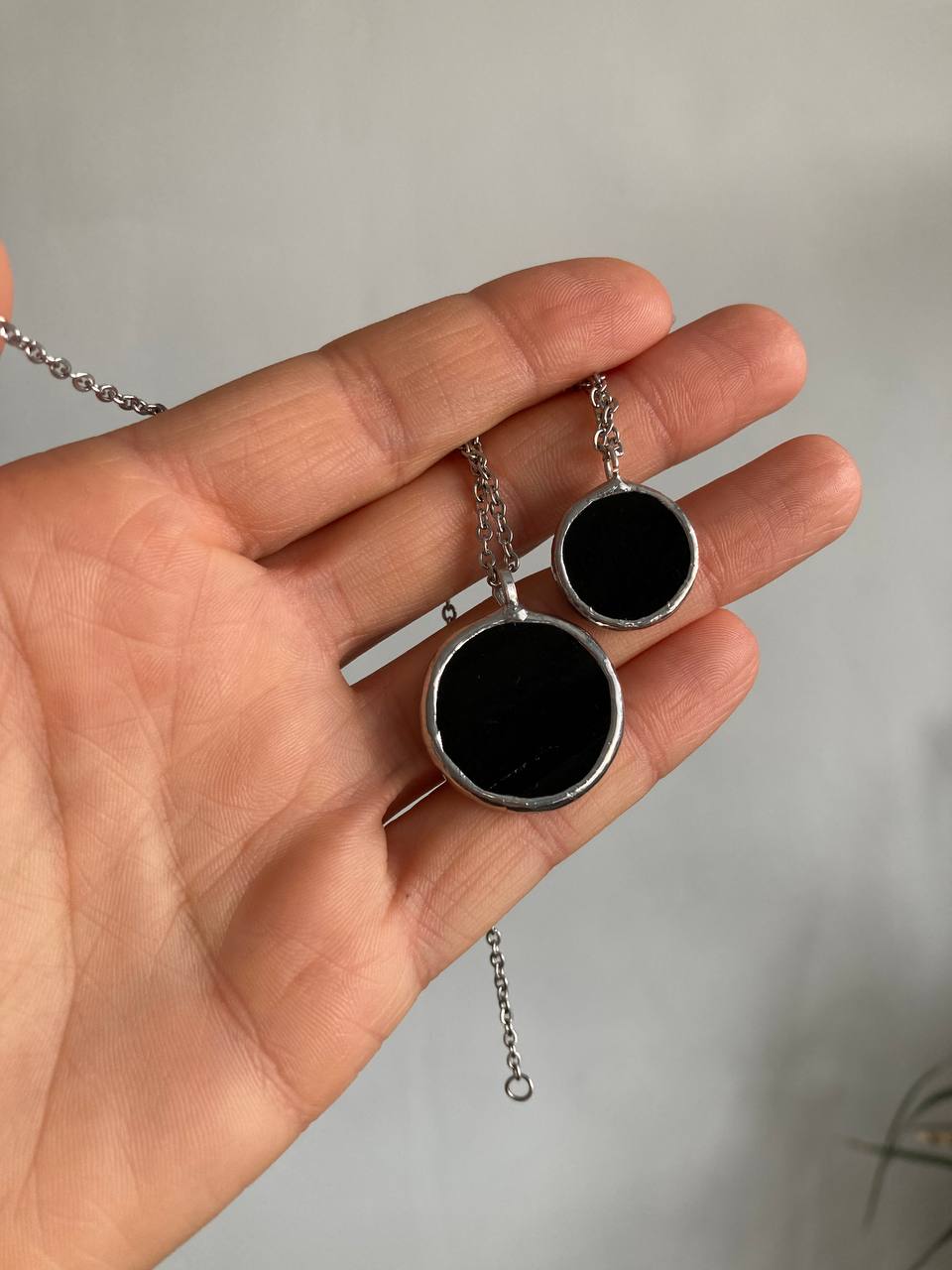Black Round mirror Necklace, 18 mm, Small Stained Glass Pendant, Glass Jewelry