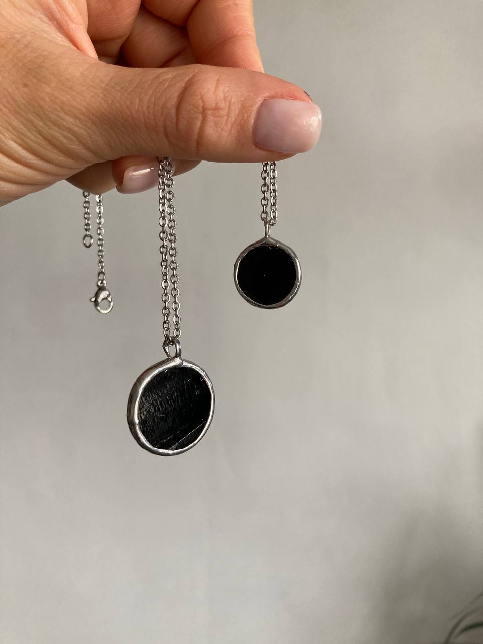 Black Round mirror Necklace, 18 mm, Small Stained Glass Pendant, Glass Jewelry