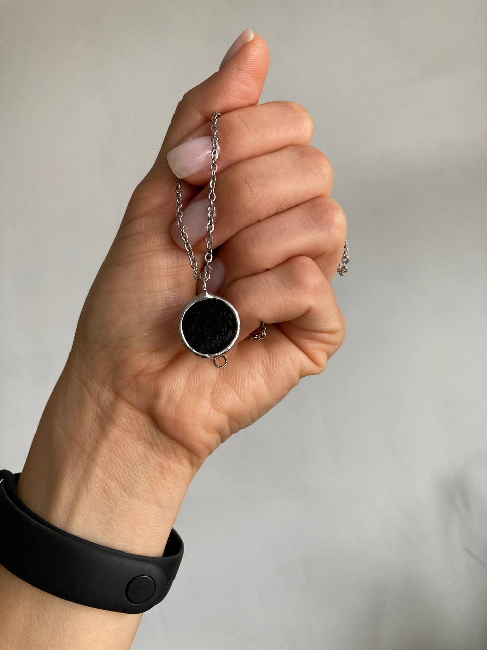 Black Round mirror Necklace, 18 mm, Small Stained Glass Pendant, Glass Jewelry