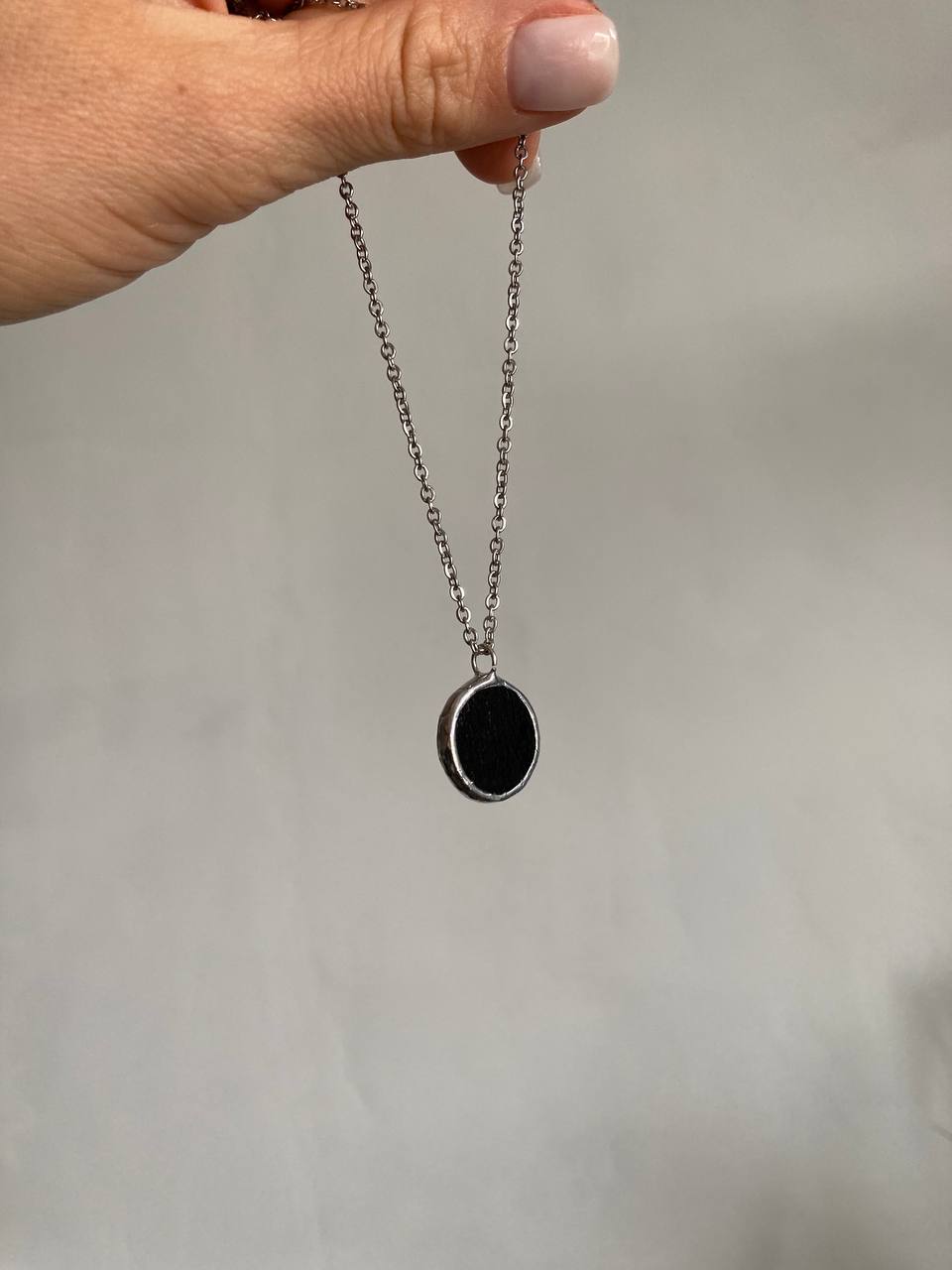 Black Round mirror Necklace, 18 mm, Small Stained Glass Pendant, Glass Jewelry