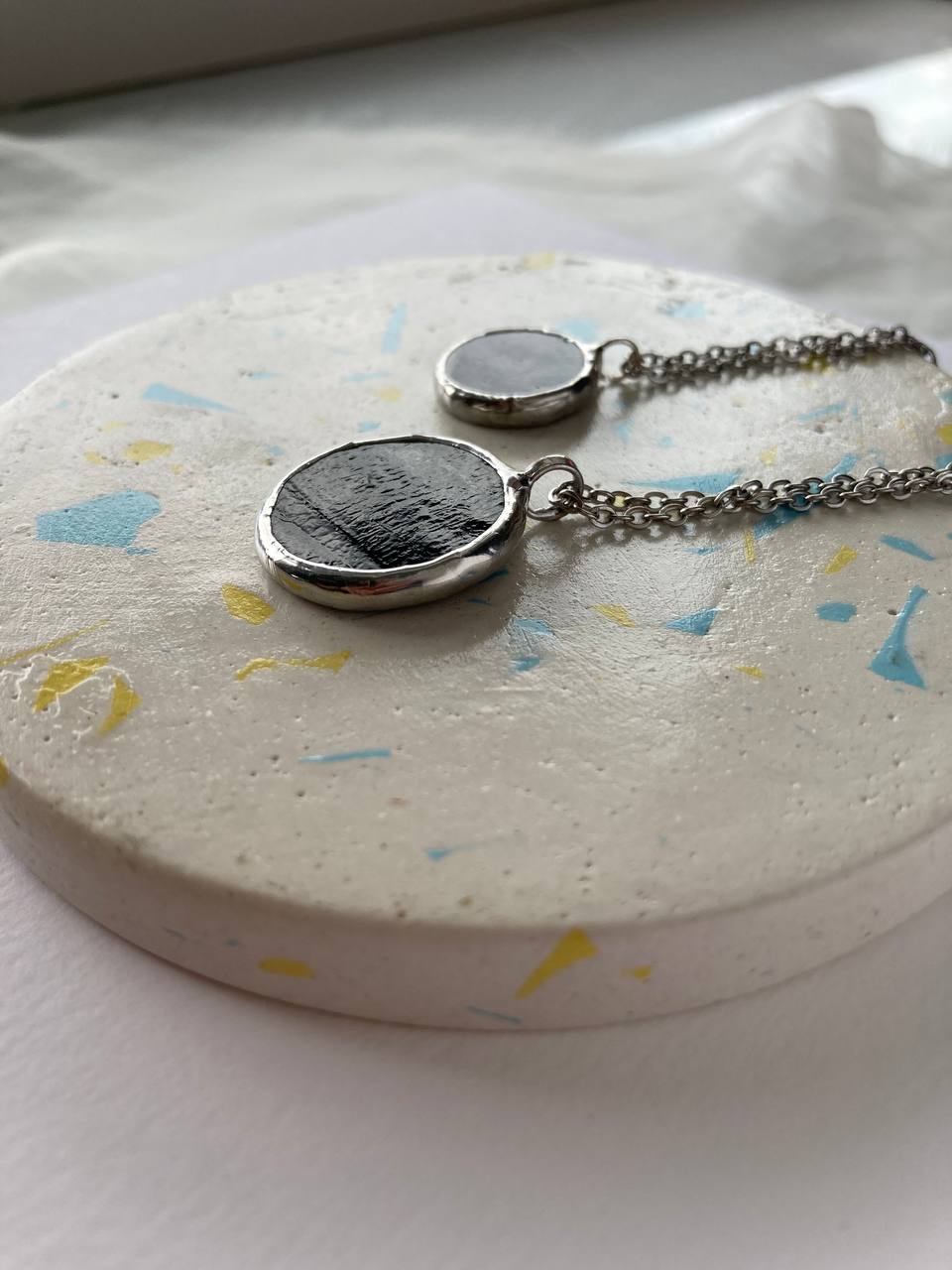Black Round mirror Necklace, 18 mm, Small Stained Glass Pendant, Glass Jewelry