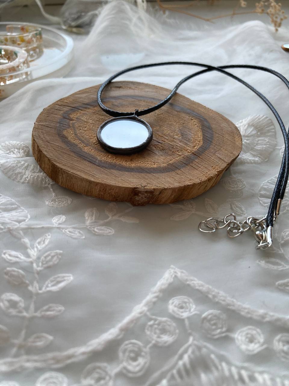 Small Round Mirror Pendant 18 mm, Stained glass Necklace