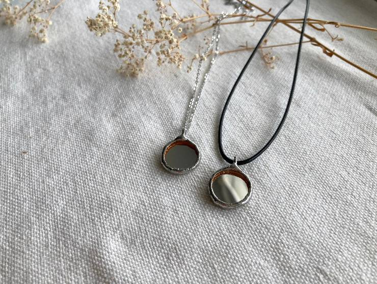 Small Round Mirror Pendant 18 mm, Stained glass Necklace