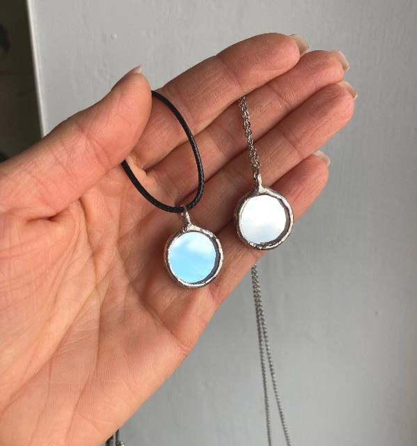 Small Round Mirror Pendant 18 mm, Stained glass Necklace