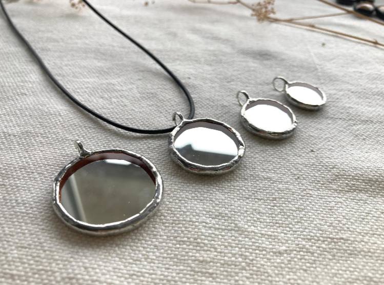 Small Round Mirror Pendant 18 mm, Stained glass Necklace