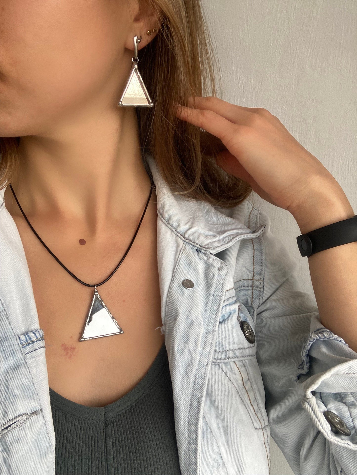 Stained Mirror necklace, Stained glass jewelry, triangle pendant, Soldered pendant, Personalized jewelry
