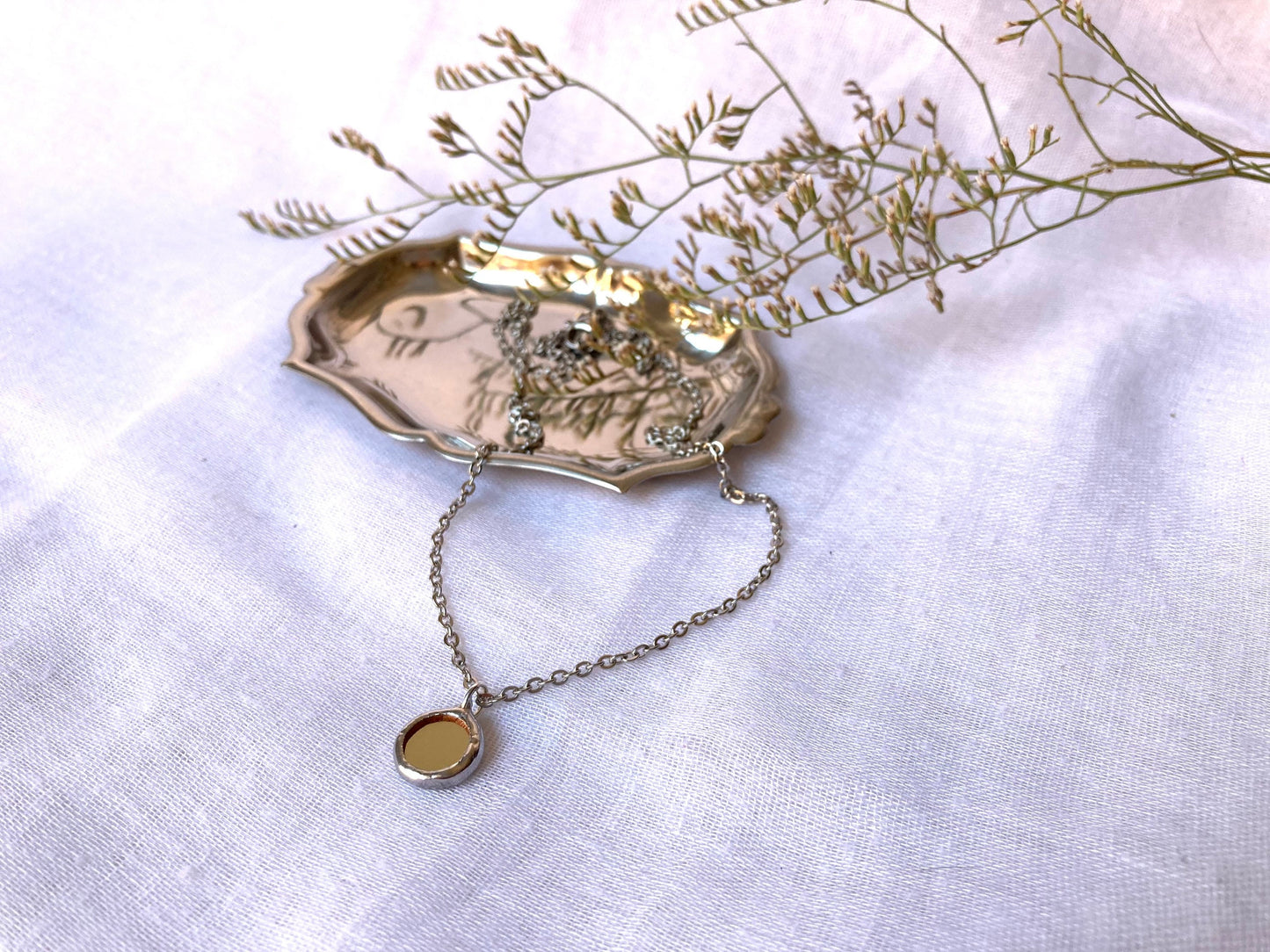 Small Mirror Necklace, 10 mm, Both side mirror, Stained glass Necklace, Looking Glass Jewelry, Round mirror pendant