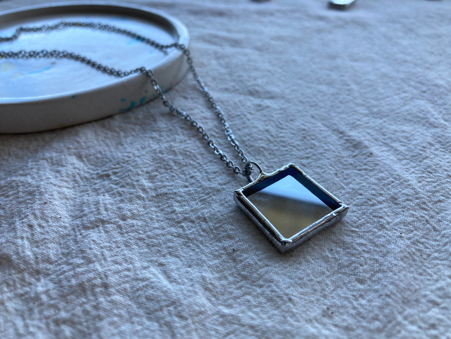 Small Mirror Necklace, 2 cm/ 20 mm, Stained glass Necklace, Looking Glass Jewelry, Square mirror pendant